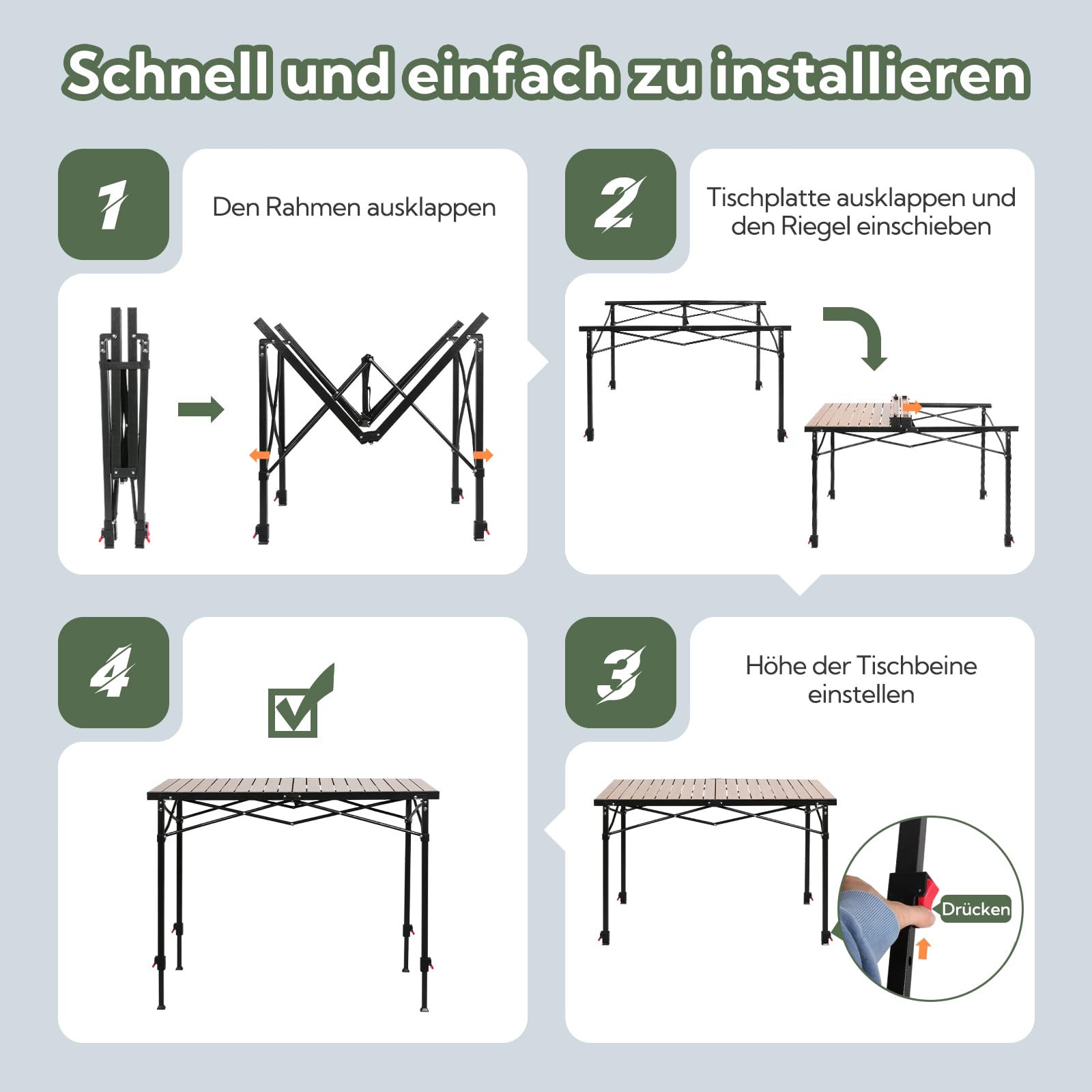 Campingtisch klappbar höhenverstellbar bis 100 kg, 120x70 cm für 6 Personen | 3-fach einstellbare Höhe Stabil Klapptisch Camping Alu Roll Up Camping Tisch für Camping, Garten, Balkon, Picknick, Holzoptik
