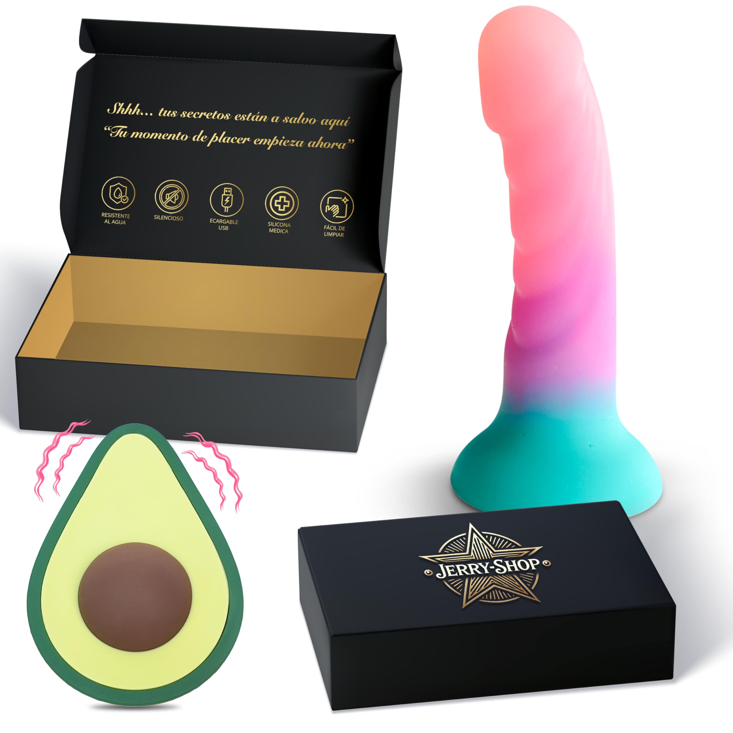 JERRYSHOP Kit Juguetes Eróticos para Parejas Sexuales, Vibrador, Consolador | JERRY-SHOP Kit Juguetes Sexo Mujer con Vibrador y Consolador Con Ventosa. Diseño Premium, Elegante, Discreto y Versátil.