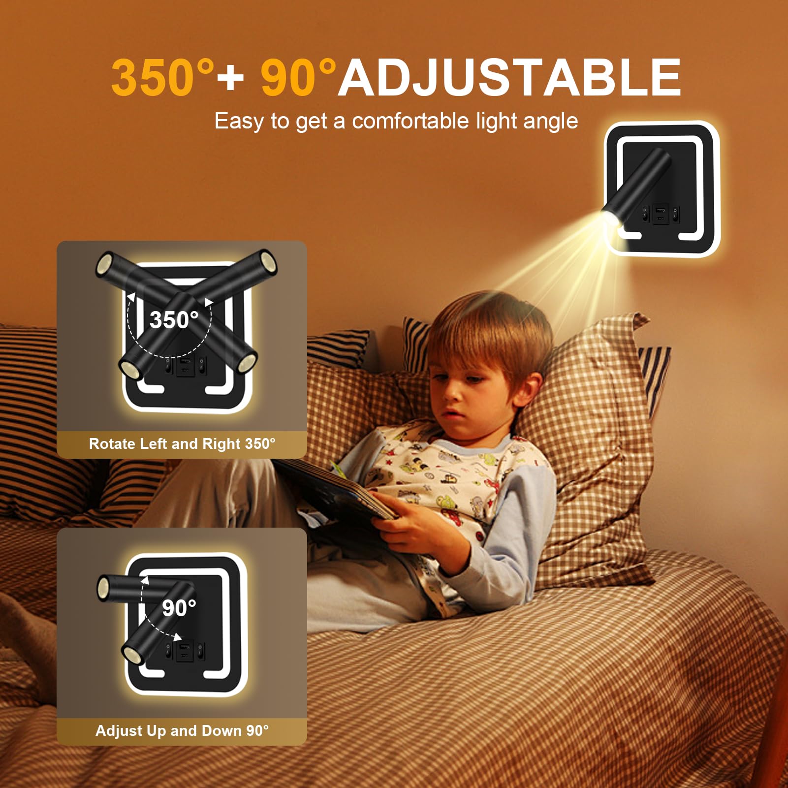 HUIZHOU LED Leselampe Wand 3W+9W, Dimmbar & Drehbar, 3000K Warmweiß, Moderne Wandleuchte mit Schalter, Bettlampe für Schlafzimmer & Büro (Quadrat schwarz)