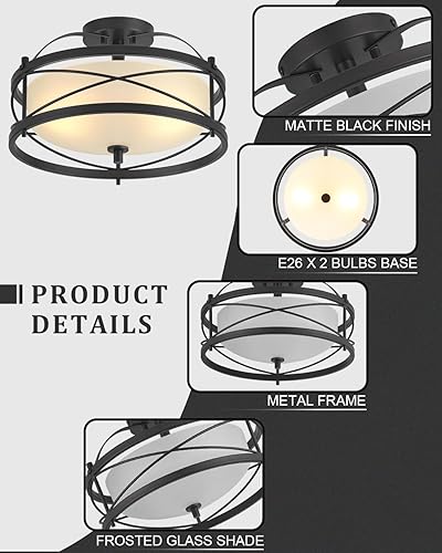 Miniatura 3 de Lámpara de tambor de entrada, lámpara de techo rústica semiempotrada para pasillo, sala de estar, dormitorio, cocina (negro)