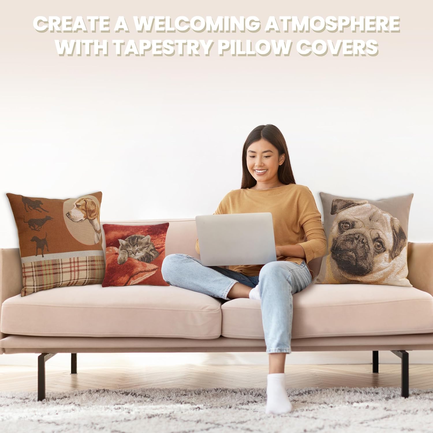 Charlotte Home Furnishings Decorative Pillow Covers for Couch 19x19 in, Tapestry Throw Pillow Cover for Living Room Decor, Dog Pointer French Country Sofa Cushion Cases, Soft Cotton Jacquard Woven