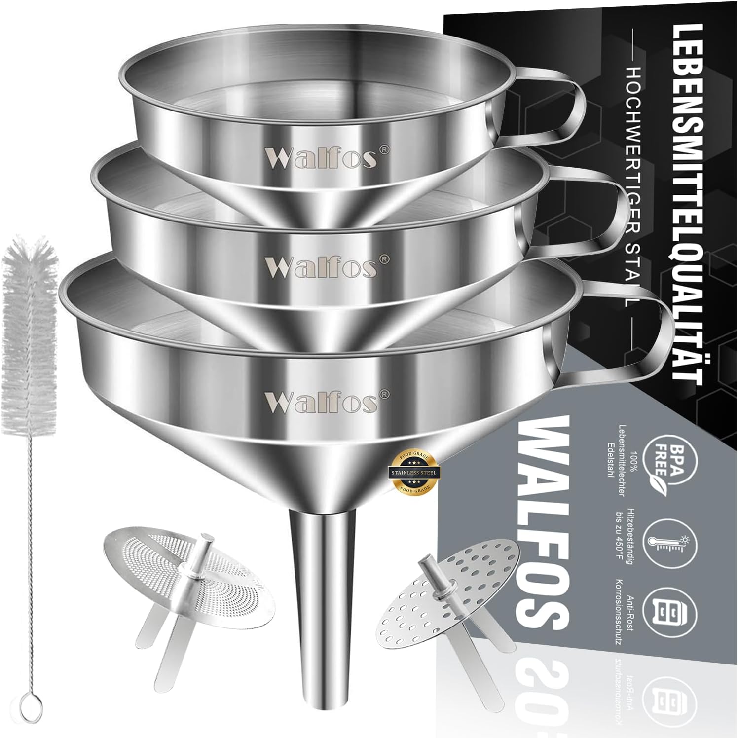 WalfosStainless Steel Funnel Kitchen Set 3 Pack Funnels with 2 Removable Strainer Filters for Transferring Liquid, Cooking Oils, Jam, and 1 Cleaning Brush, 14.4/12.7/10.4 cm