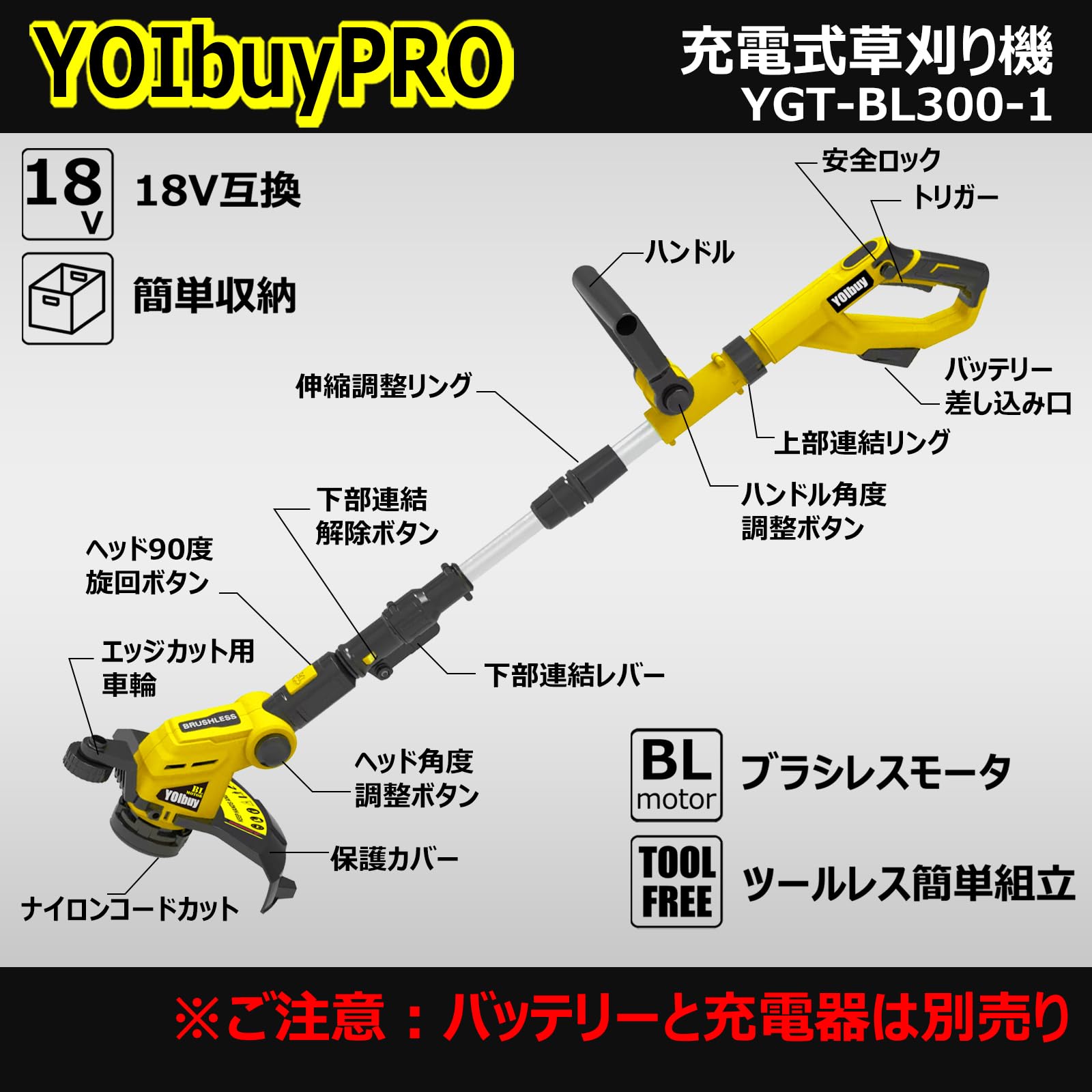 Amazon.co.jp: YOIbuy PRO 充電式 草刈り機 ナイロンコードカッター