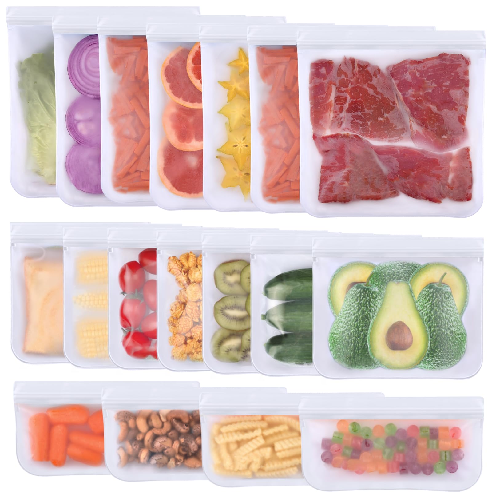 Lerine Dishwasher Safe Reusable Bags, Leakproof Reusable Freezer Bags, BPA Free Food Storage Bags for Lunch Marinate Food Travel (White, 18 Pack-7 Gallon 7 Sandwich 4 Snack)