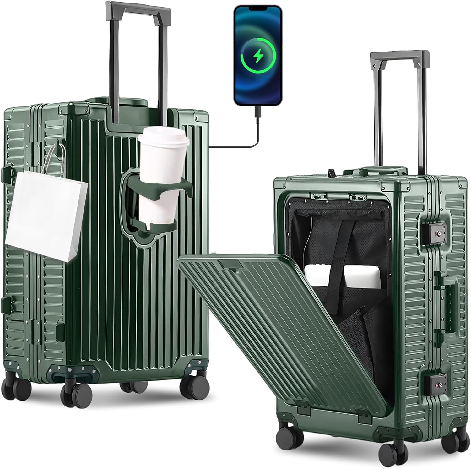 Gets All Aluminum Carry on Luggage Airline Approved,24 Inch Hardshell Spinner Luggage With Cup Holder and USB Charger,TSA Lock,Front Pocket Durable Suitcase for Women Men-Dark Green,26x16x10