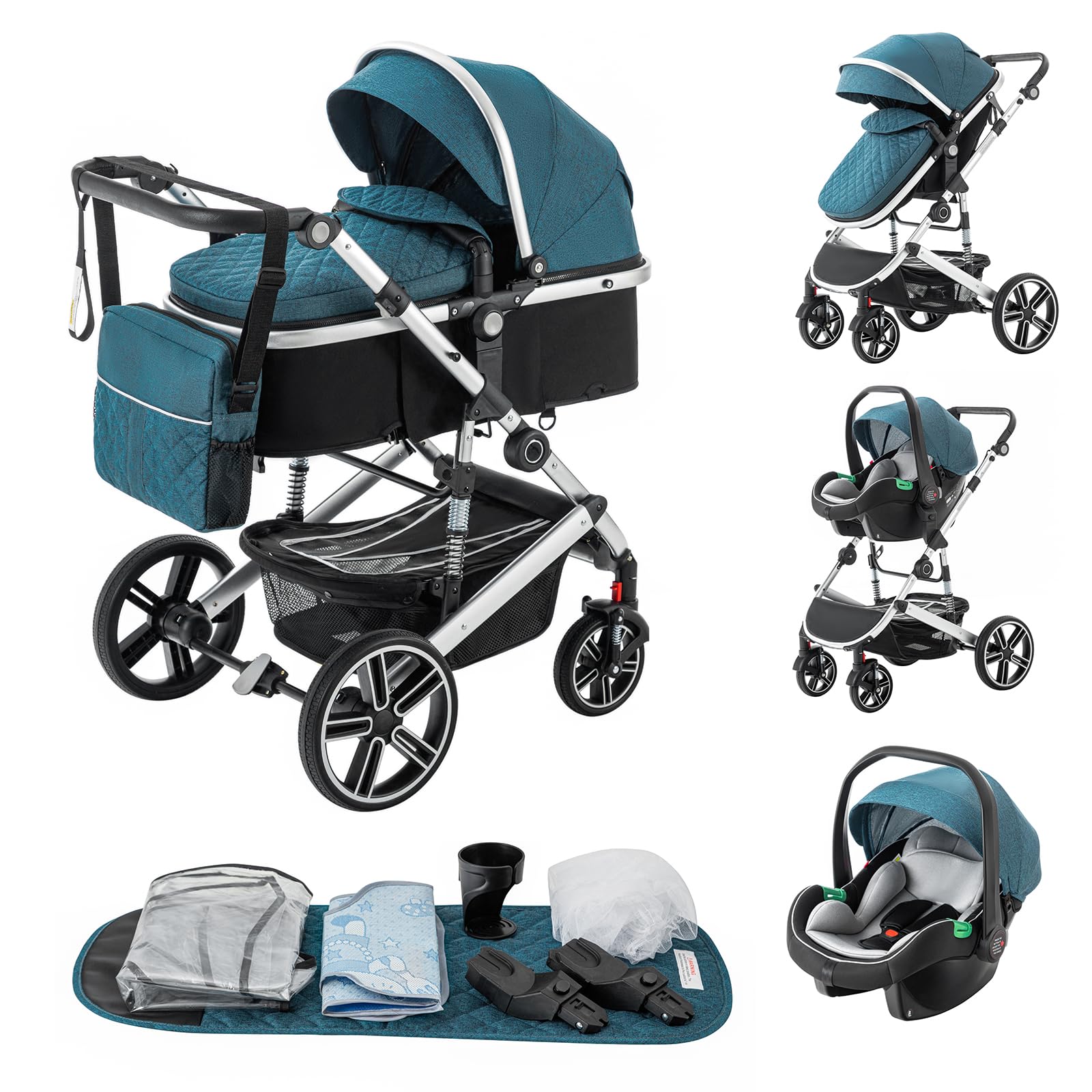 Zkiprm Cochecito de bebé 3 en 1 con sistema de viaje, cochecito y asiento de coche, cochecito con asa ajustable en altura, con mosquitera, viaje con marco de aluminio