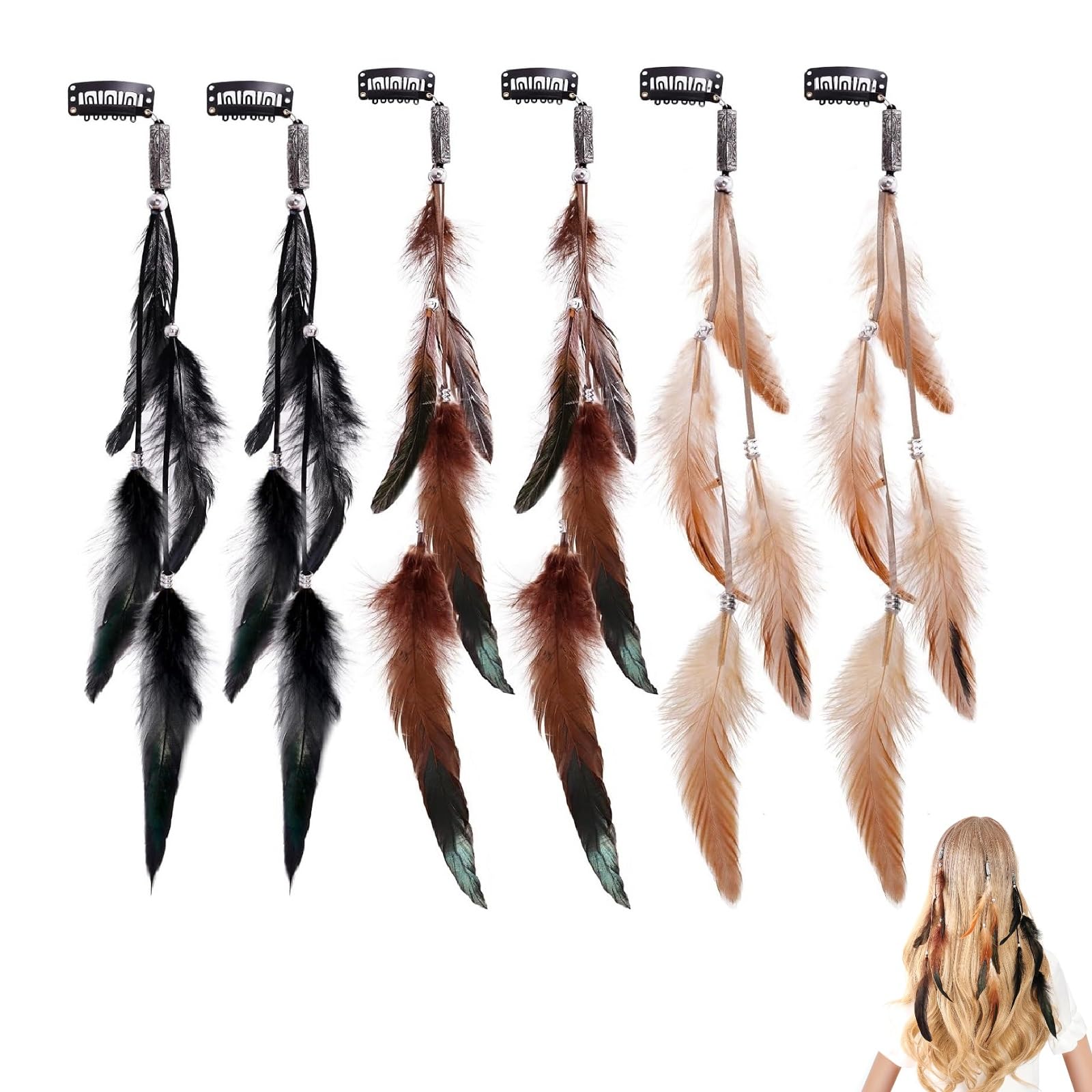 Boho Hippie Clips Cabello Plumas, 6PCS Mujer Pluma Extensiones, Accesorios Festival Halloween