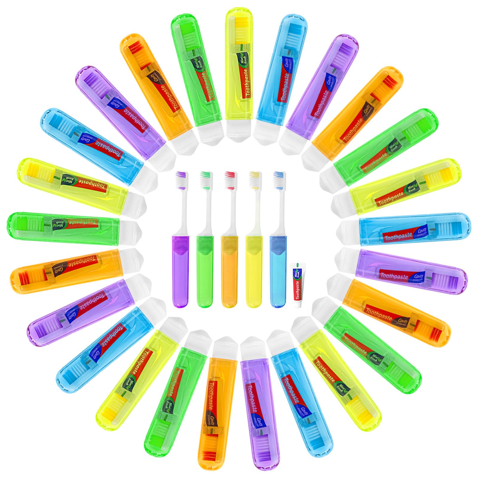 Cepillo de dientes de viaje, empaquetado individualmente, 5 colores, almacenamiento plegable, kit de cepillo de dientes de viaje adecuado para camping, hoteles (paquete de 100)