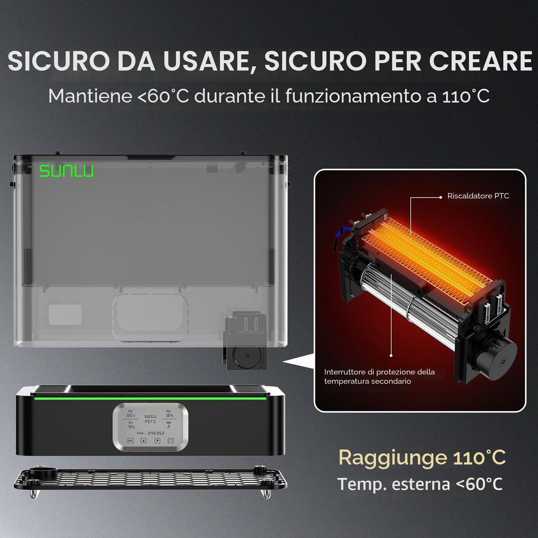 SUNLU Essiccatore Filamenti Ufficiale E2, 110°C Max, Riscaldatore PTC 500W, Essiccazione e Ricottura 2-in-1, Doppia Camera per Filamenti Professionali PC PA-CF FR-ABS (Nero)