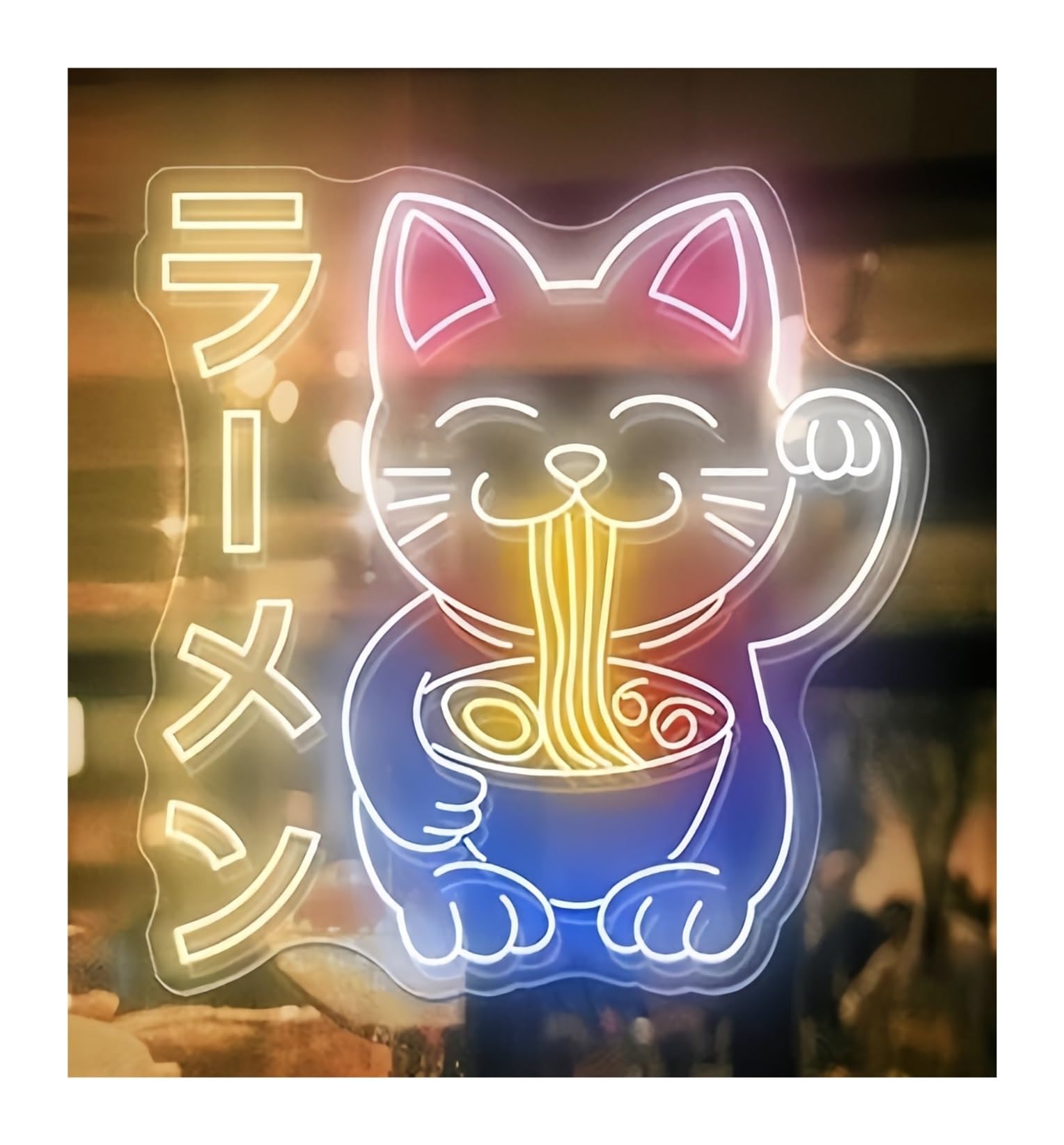 Shouxi A Sign Lamp Lucky Cat Eating Ramen Neon Sign Restaurant Kitchen Wall Decor Shop Signage Cat Ramen Noodles 60X63cm(A)