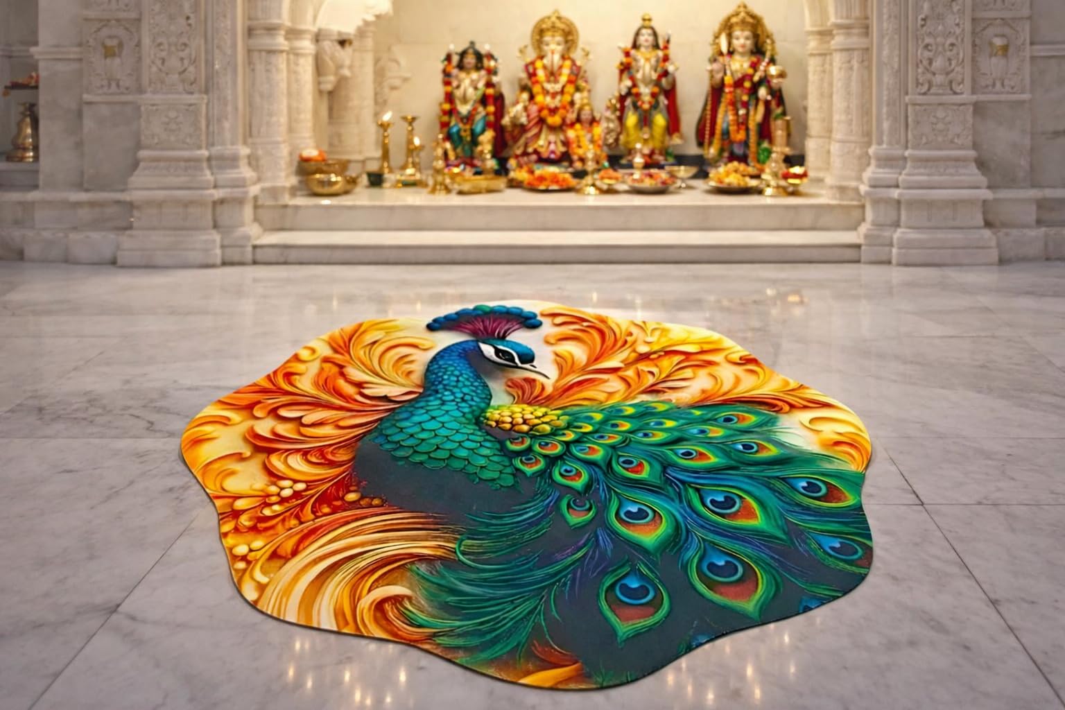 printed rangoli artificial mat for diwali, deepawali & home decor item | mandir, pooja, dhanteras, festival decoration items for entrance & floor | 71 x 71 cm | (peacock, 28 x 28 inch)