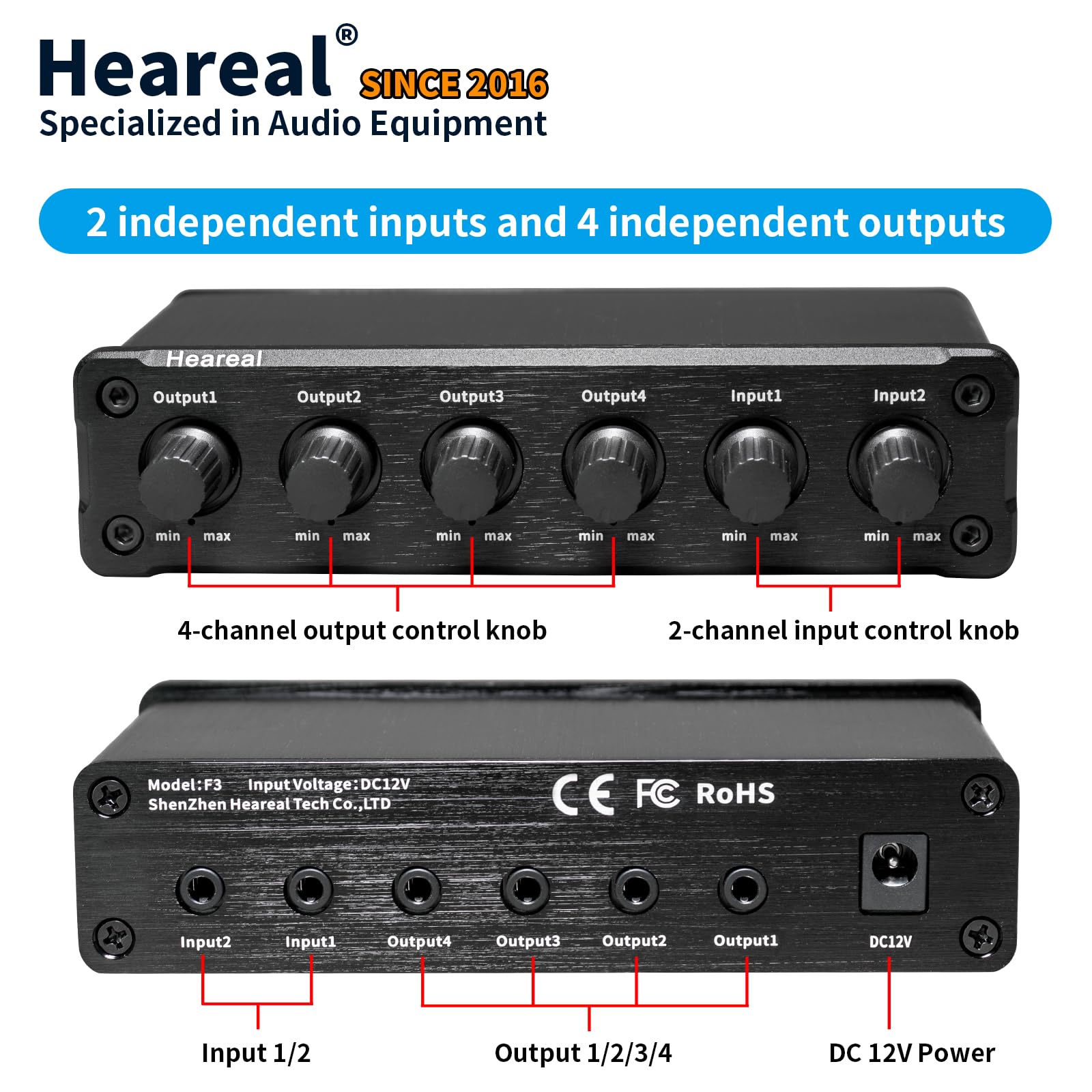 Mezclador y distribuidor de audio estéreo de 2 entradas y 4 salidas, divisor de 4 canales con control de volumen independiente e indicador LED, carcasa de aleación de aluminio, para podcasting, juegos