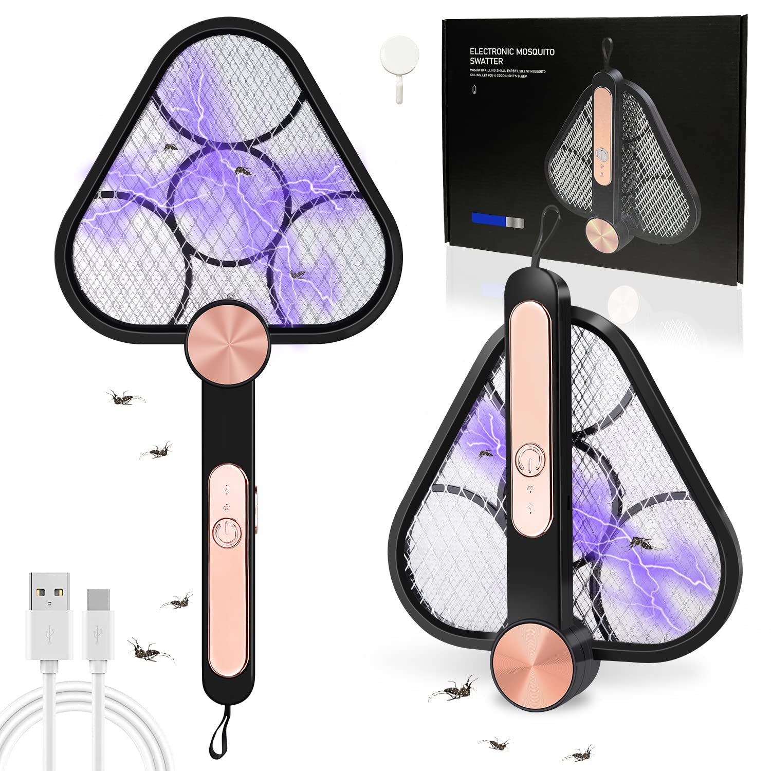 Electric Fly Swatter Racket, 4 in 1 Multifunctional Foldable Wall Mounted Electric Fly Swatter, USB Rechargeable Mosquito Zapper with 3-Layer Safety Mesh, Bug Zapper (1PC)