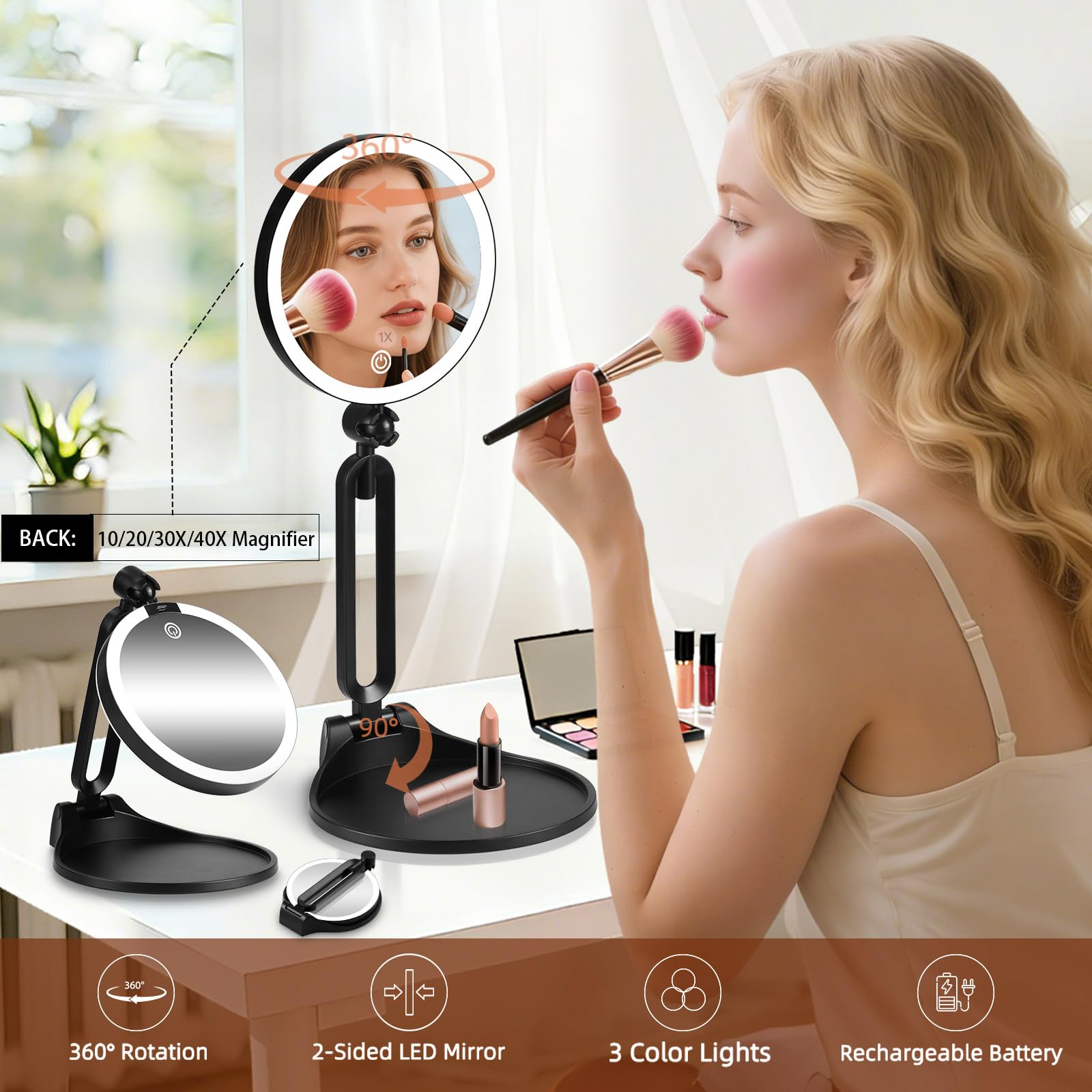 Espejo de maquillaje de viaje con luces, espejos de tocador iluminados portátiles de 6 pulgadas para escritorio/viajes, espejo LED de atenuación de doble cara 1X+30X con soporte plegable ajustable