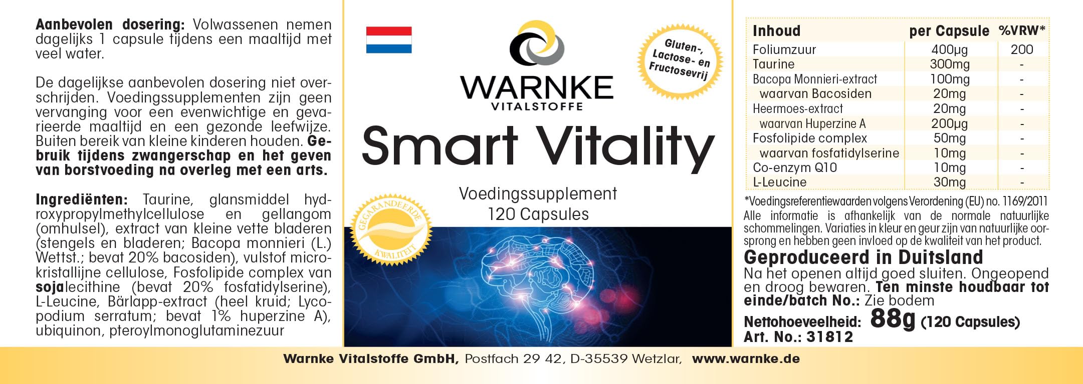 Smart Vitality - Complexe avec acide folique, taurine, Bacopa Monnieri, lycopode, phospholipide & Q10-120 gélules - fortement dosé - vegan | Warnke Vitalstoffe - Qualité des pharmacies allemandes