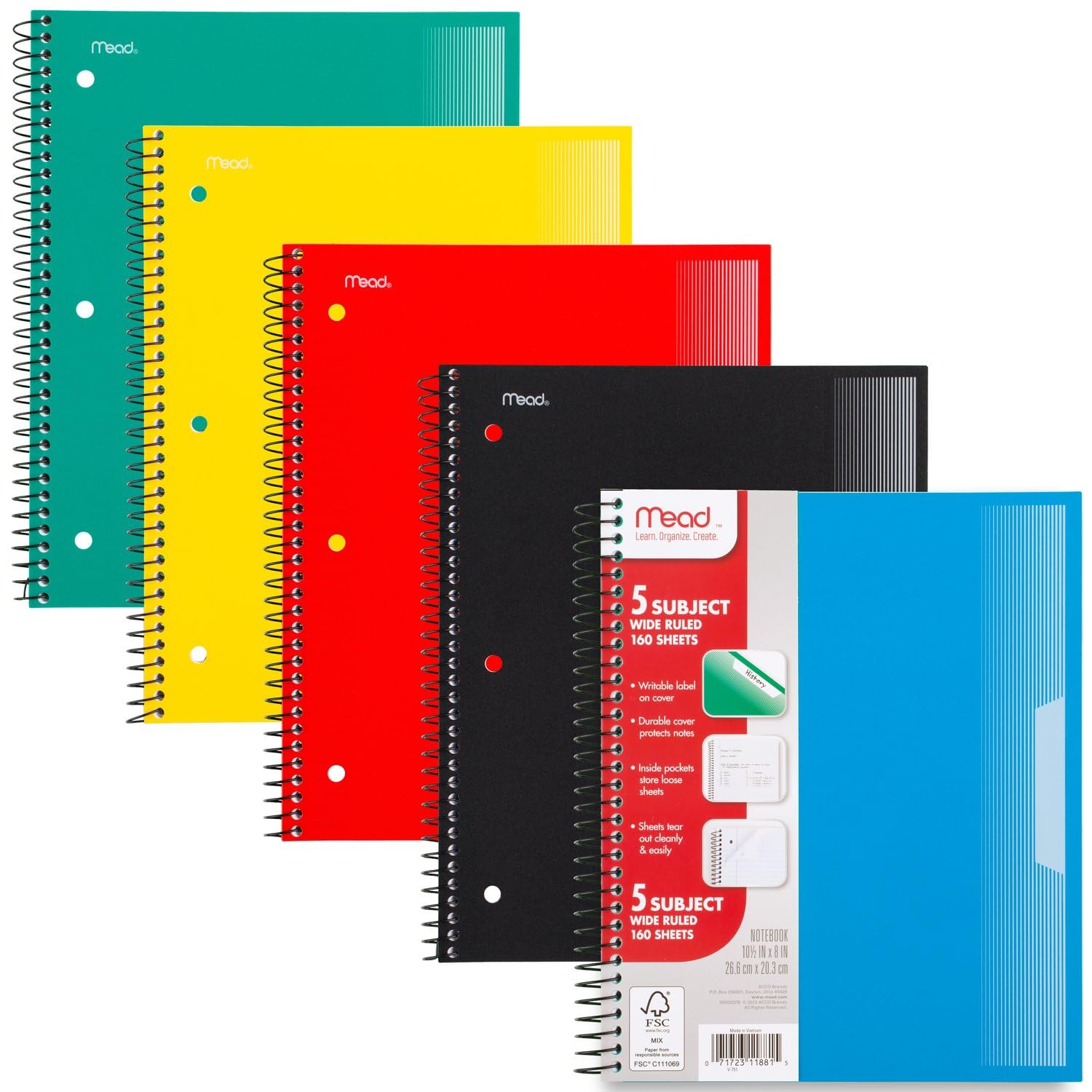 Amazon.com : Mead Spiral Notebook, 5 Pack, 5 Subject, Wide Ruled