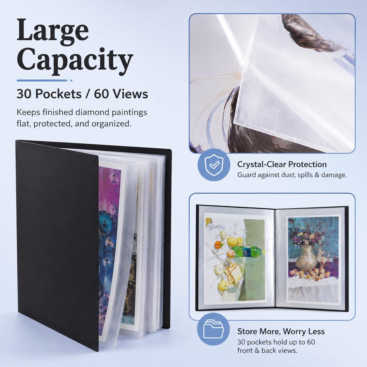 MOTEERLLU Libro de almacenamiento A2 adecuado para pinturas de diamantes de 22 x 15 pulgadas, contenedor de almacenamiento con 30 fundas de bolsillo, carpeta de cartera para obras de arte (amarillo)