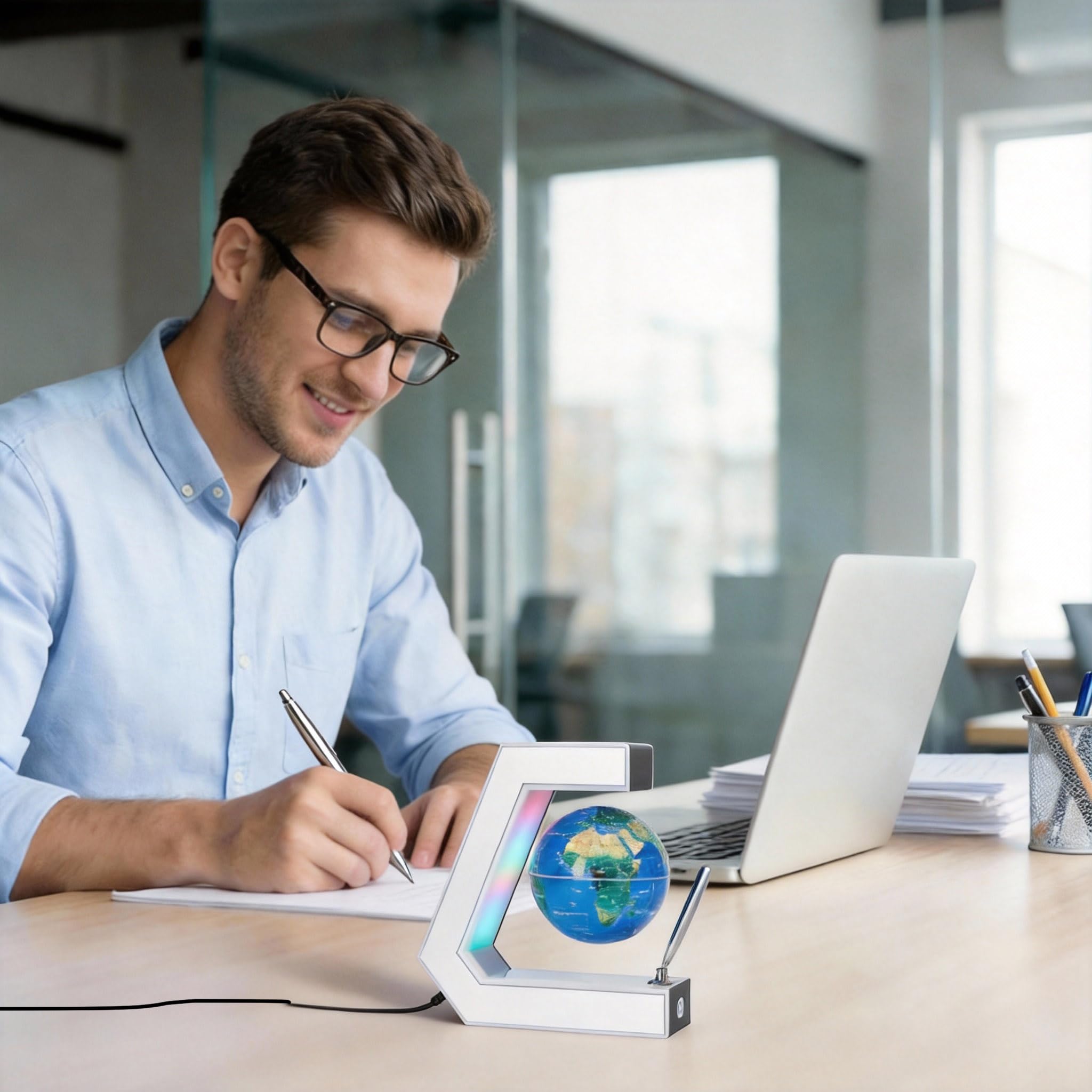 Globe terrestre magnétique flottant avec lampe et stylo - Décoration de bureau cool et géographie éducative pour enfants (Panneau argenté)