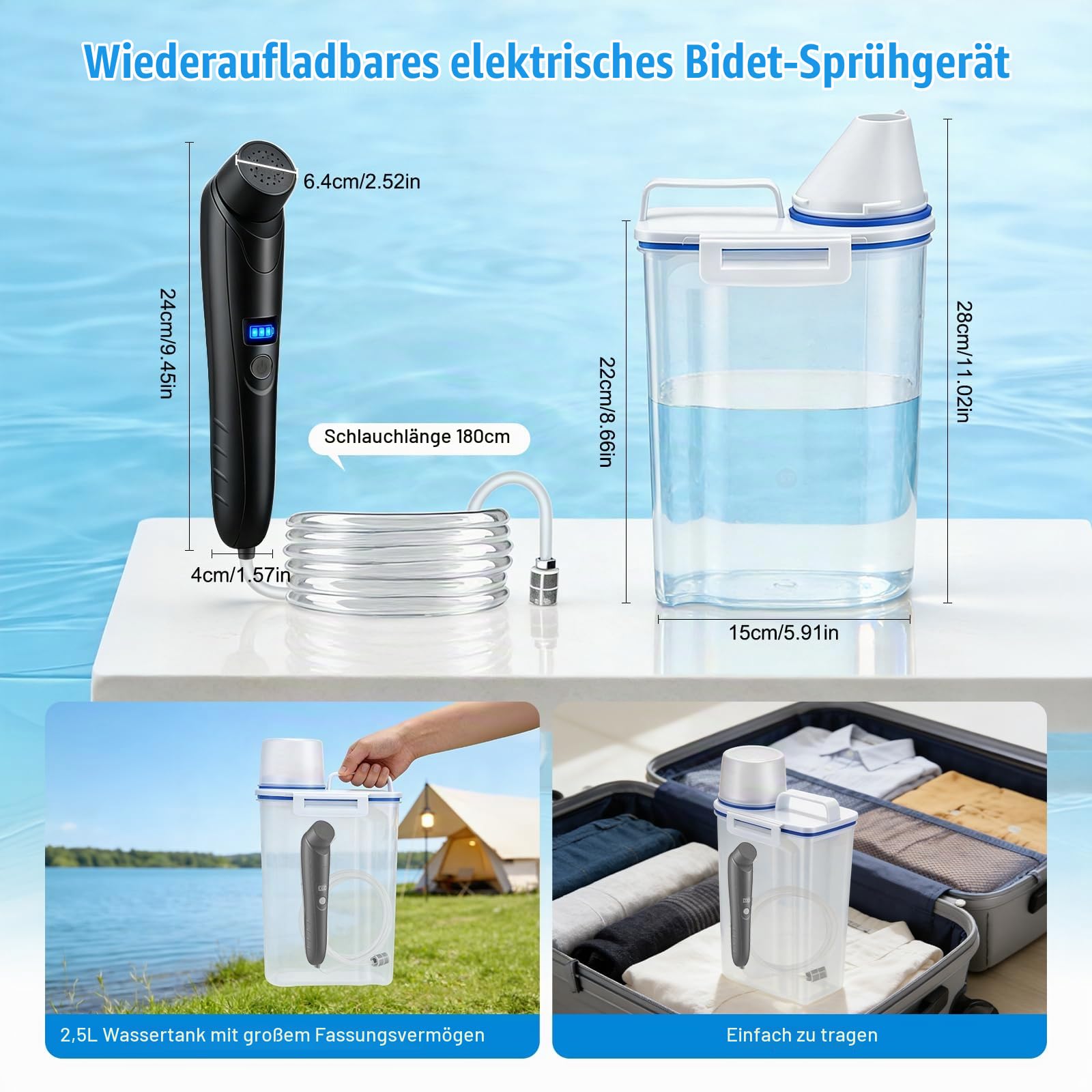 Portable Bidet 2,5L mit USB-Aufladung, Elektrische Po-Dusche mit verstellbarem Sprühkopf, Bidet Portable für Hygiene unterwegs, inkl. Schlauch, Sprühkopf, Ideal für Zuhause, Camping, Reisen Schwarz