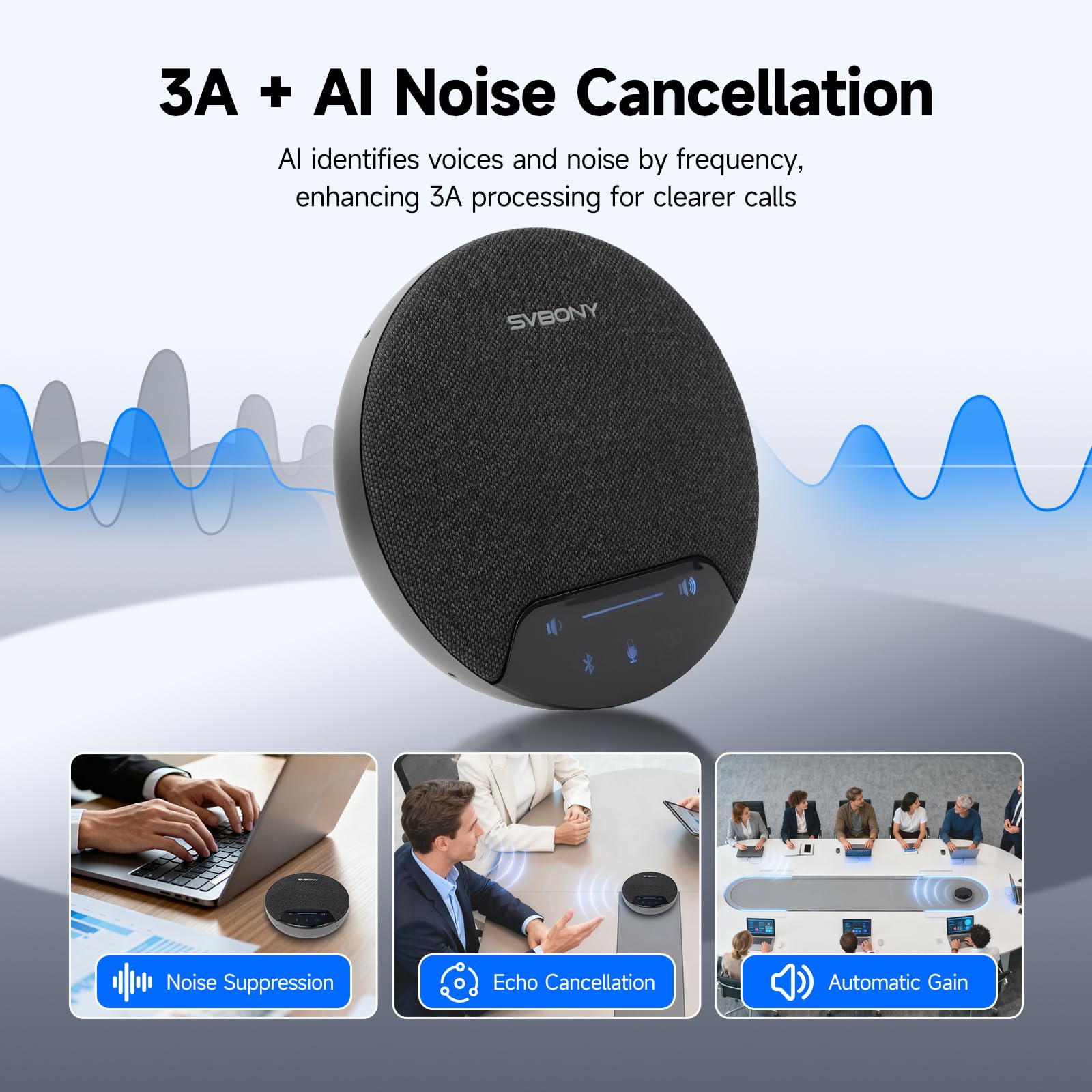 SVBONY SVN O1 Conference Microphone a Doppio Canale con Cancellazione del Rumore 3A+AI, 4 Microfoni per La Ripresa Vocale a 360°, 3 Connettori Plug-&-Play per Sala Conferenze di Medie Dimensioni