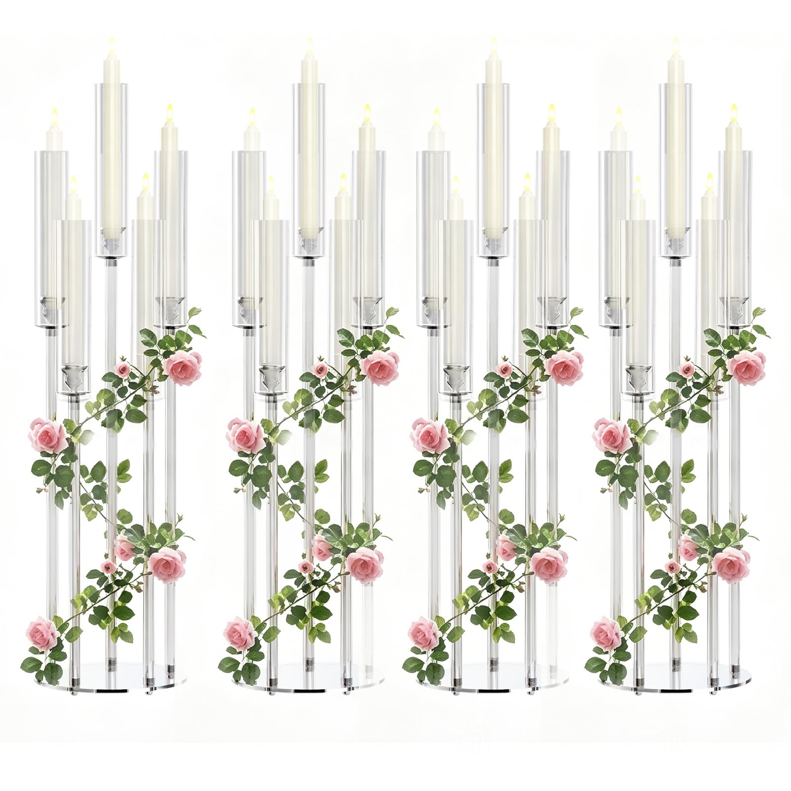 euppaury 4Pcs Acrylic Candelabra Set with 5-Arm, Clear Wedding Party Centerpiece for 0.87" Flicker LED Candles, Elegant Table Decor for Romantic Dinner Special Events Clear 4pcs