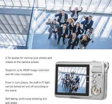 Digital Cameras for Photography 4K 48MP Vlogging Camera Camera with 2.7 Inch LCD Display 8x Zoom Anti Shake Continuous Shooting for Adults Seniors Beginners (Silver)