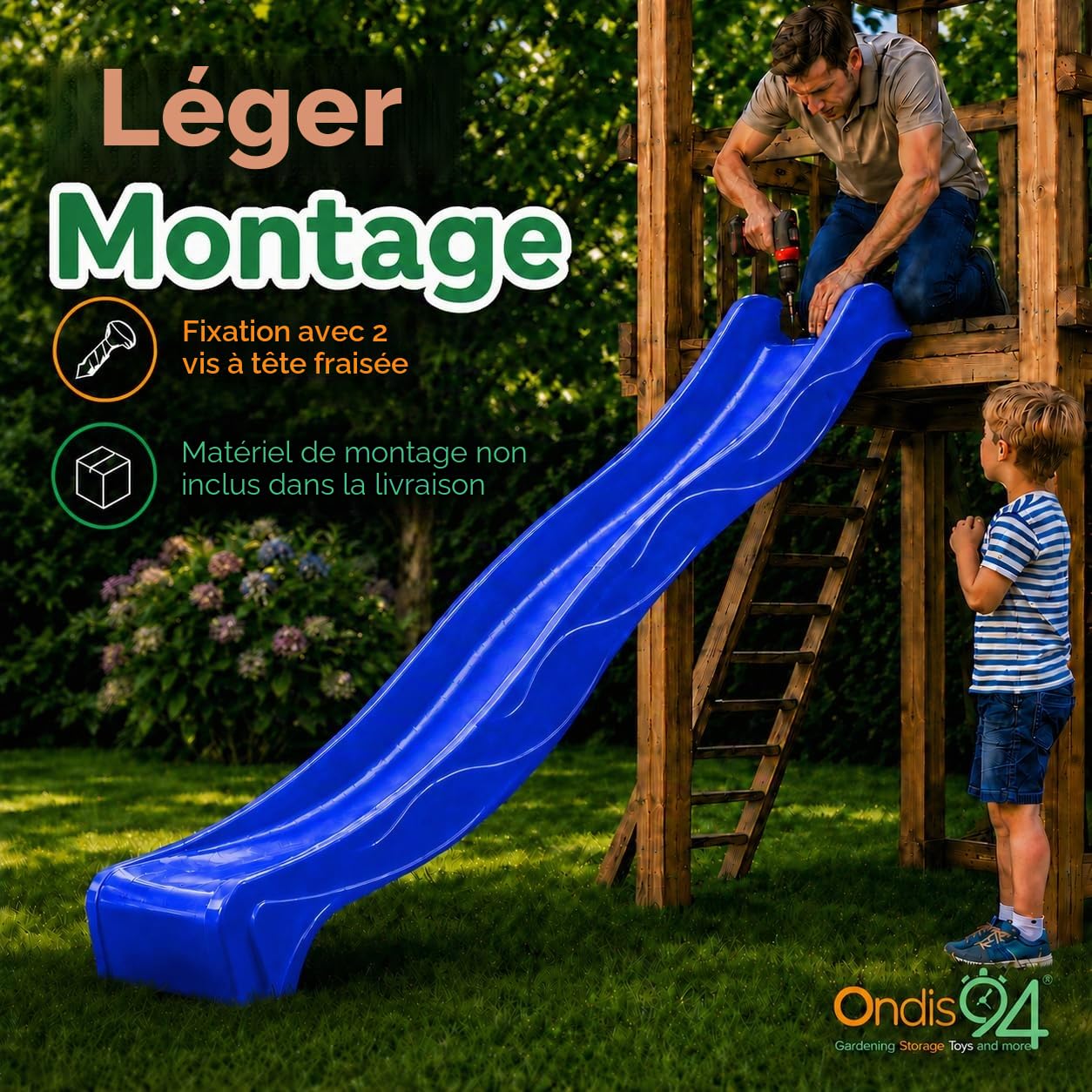 Ondis24 Toboggan ondulé 3m Toboggan pour enfants Toboggan d'extension Toboggan aquatique pour tour de jeu ou pente à partir de 3 ans (bleu océan)