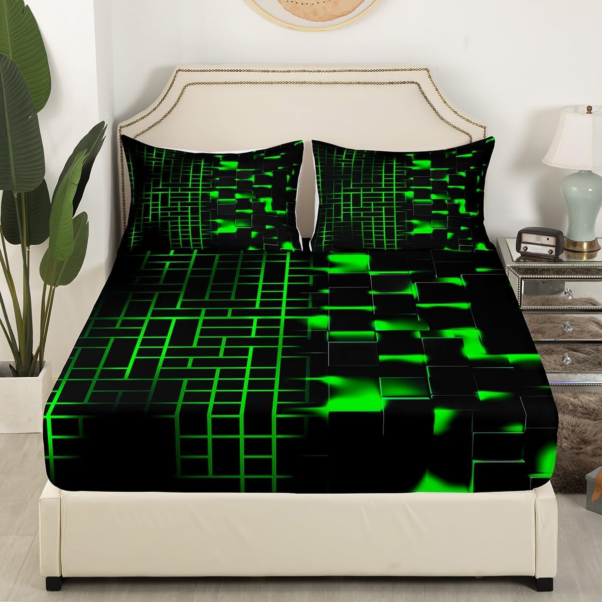 Castle Fairy Green and Black Fitted Sheet Set King Size 4 Pcs,Light Geometric Checker Bed Sheet Set for Bedroom Decor,Decor Modern Style Bedding Set with 1 Flat Sheet 2 Pillowcases