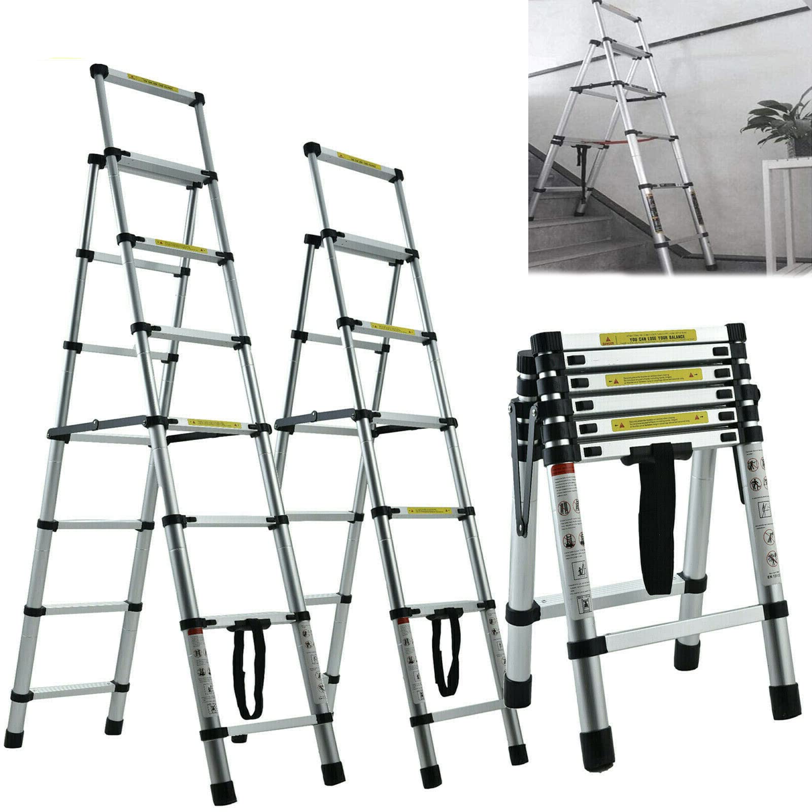 Telescopic Ladder, Portable 5+6 Step Aluminium Extension Ladder, A-Frame Multi-Purpose Anti-Slip Extendable Loft Ladder Folding Ladder Lightweight Collapsible Ladder, Max Load 150kg (5+6 Step)