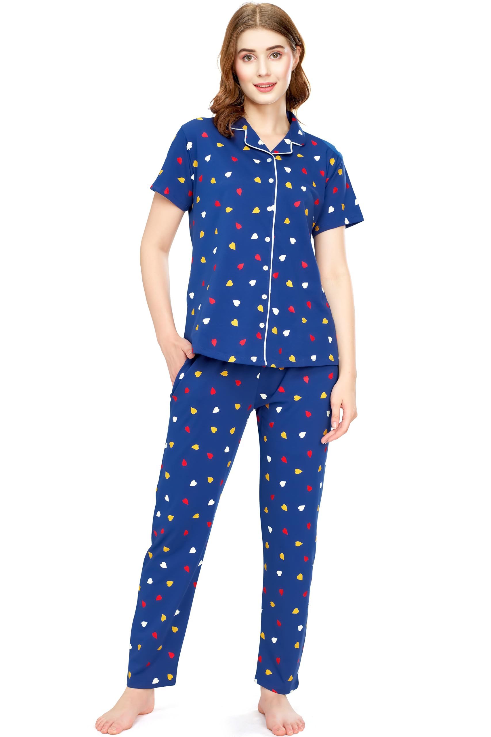 zeyo Night Suit for Women's Heart Printed Cotton Night Dress of Shirt and Pajama Set 5749-picture-17