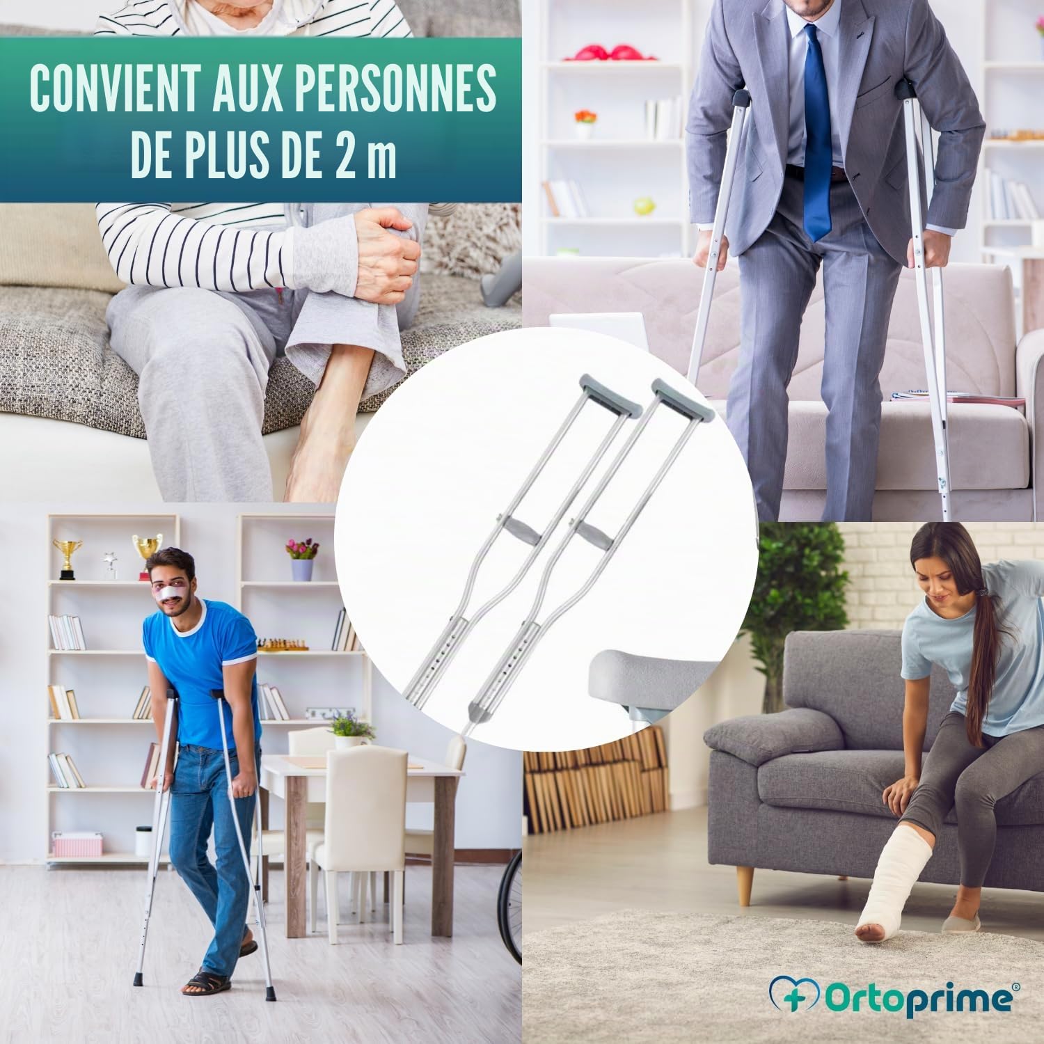 OrtoPrime Béquilles Médicales Adultes x2 – Béquille Médicale Réglable en Aluminium Léger – Canne Anglaise Confortable pour Femme & Homme – Béquilles Orthopédiques Sécurisées