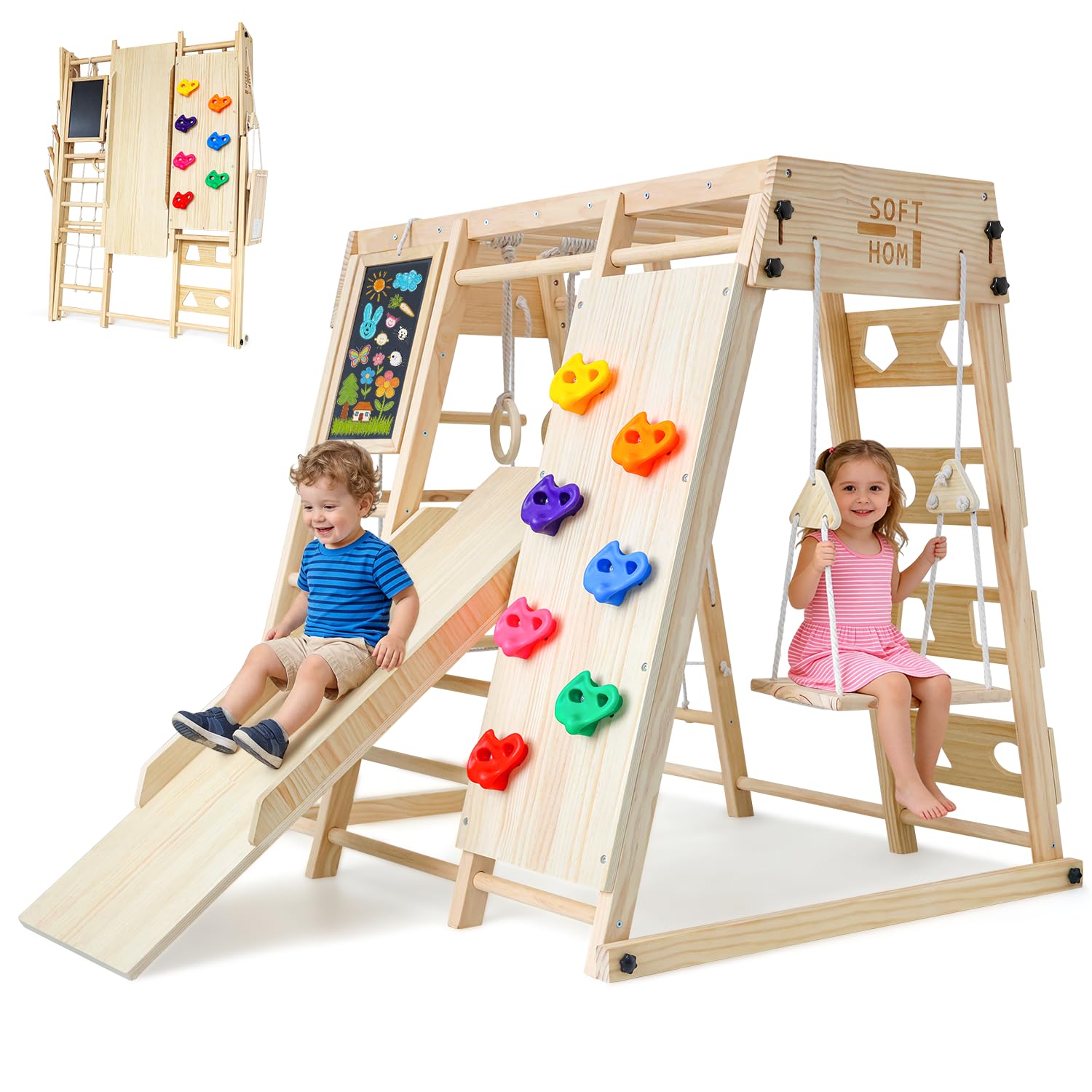 Maxi Estructura de Escalada de Interior Partir de 1 año, 10 en 1 Estructura de Escalada para Niños, Seguro Estable Montessori Set de Escalada de Madera, Pizarra, Balancearse, Muro de Escalada
