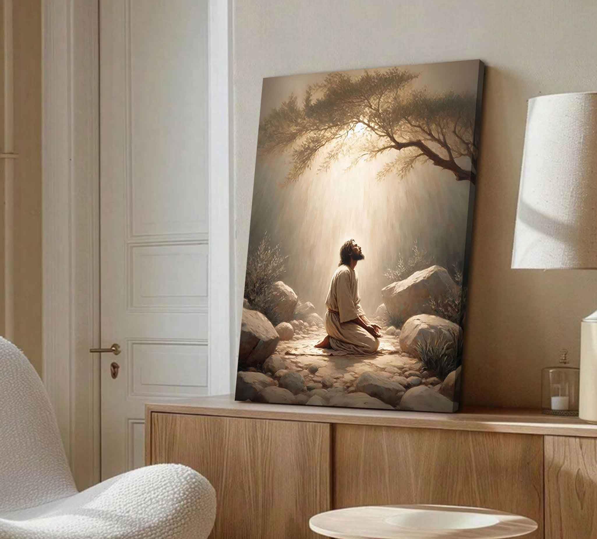 Jesus Prayers Canvas Wall Art God Divine Mercy Portrait Tranquility Painting Picture Wall Decor Jesus Praying in the Garden of Gethsemane Poster Prints for Bedroom Church Home Decoration 12x16
