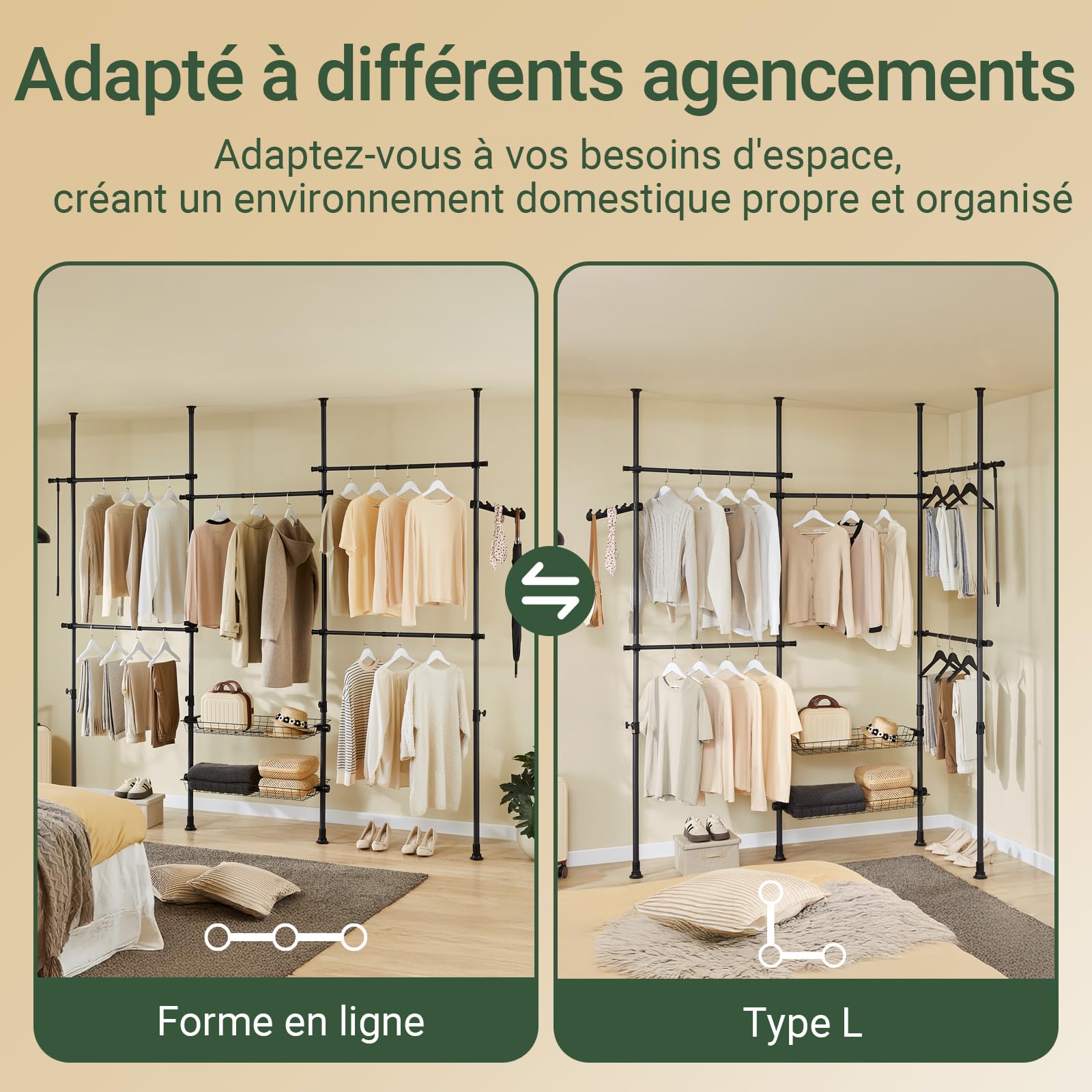 SoBuy Portant à Vêtements Télescopique avec tringles étagères | Penderie ouverte réglable pour chambre et dressing, rangement pratique Noir KLS04-II-SCH