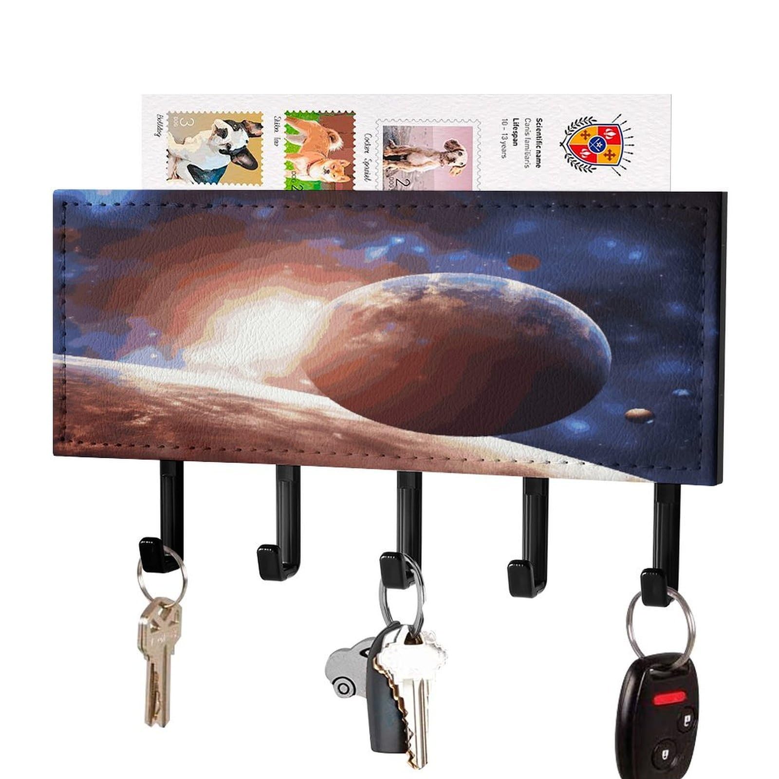 FekiLoot Planets in Space Background Key Holder for Wall Decorative Mail Organizer with 5 Key Hook Self Adhesive Key Rack with Tray Coat Rack Wall Mount Key Hanger Decor for Entryway Door