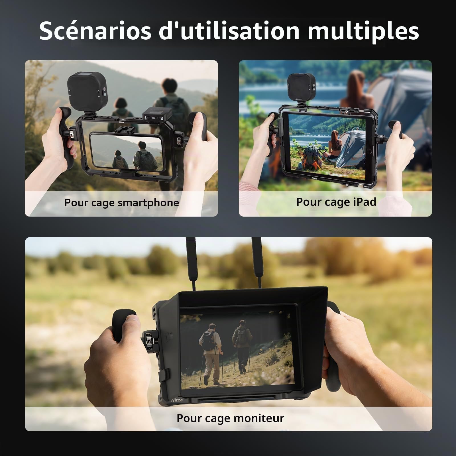 Nitze Poignée Latérale avec Vis 1/4" et Goupilles de Positionnement Rétractables, Réglable 360° pour Ipad, Moniteur et Cage Appareil Photo PA32D