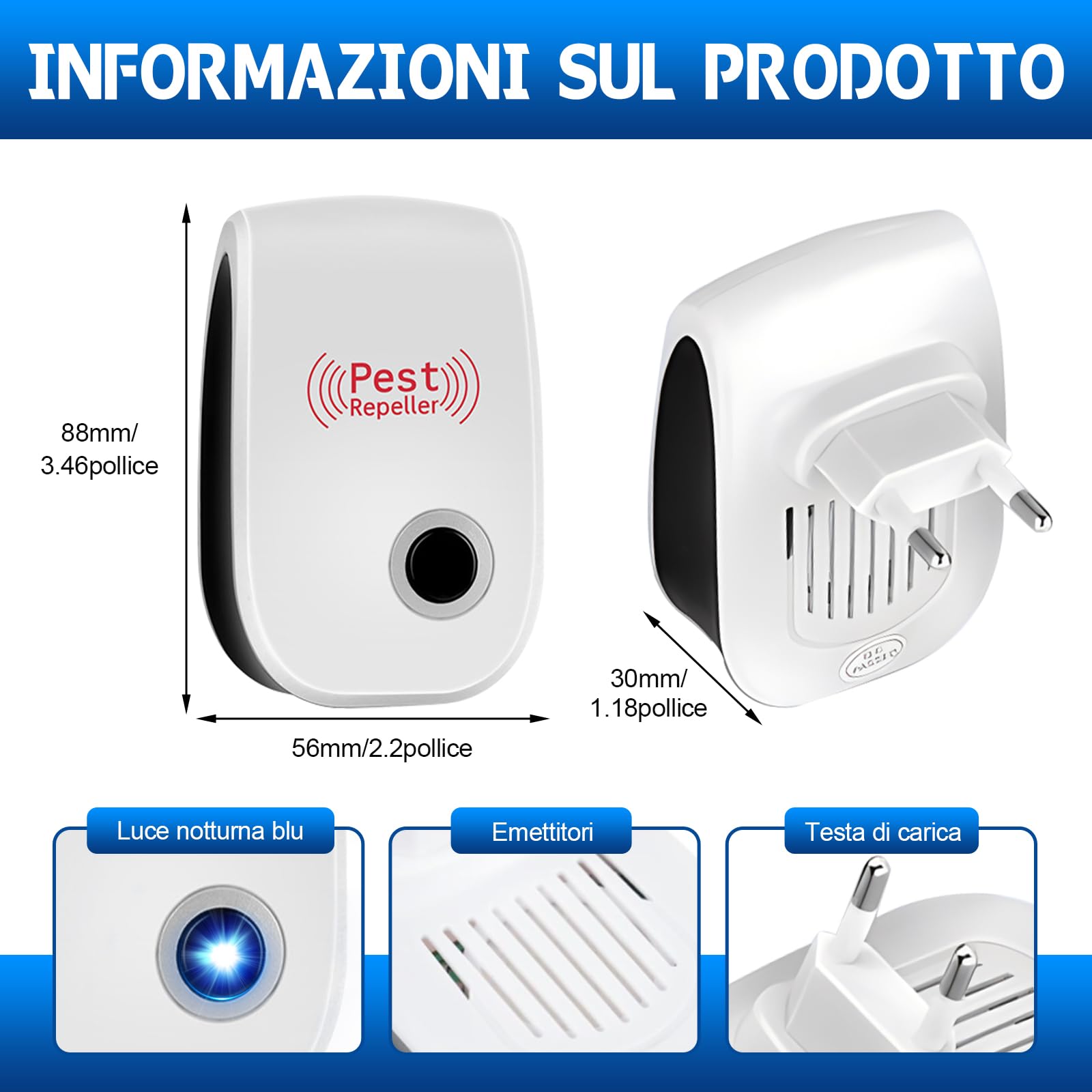 8 pcs Repellente ad Ultrasuoni per Topi,Antizanzare Repellente Ultrasuoni Professionale,Efficace Contro le Formiche/Mosche/Insetti/Scarafaggi/Topi/Zanzare/Ragni,Human & Pet Friendly