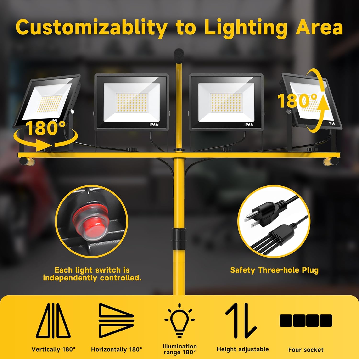 TOPRATED Plug In Led Work Light with Stand,28000 Lumen 110V 4 Adjustable Head Outdoor Flood Lights,Foldable Mechanic Light with 16.5Ft Power Cord,Portable Waterproof Tripod with Lamp for Workbench - Image 3
