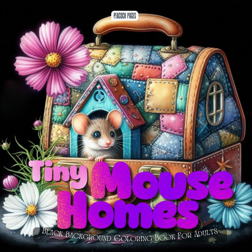 Tiny Mouse Homes Coloring Book: A Whimsical Grayscale Coloring Book for Adults Featuring Adorable Mice Living in Acorns, Teapots, and Forest Hideouts on a Black Background