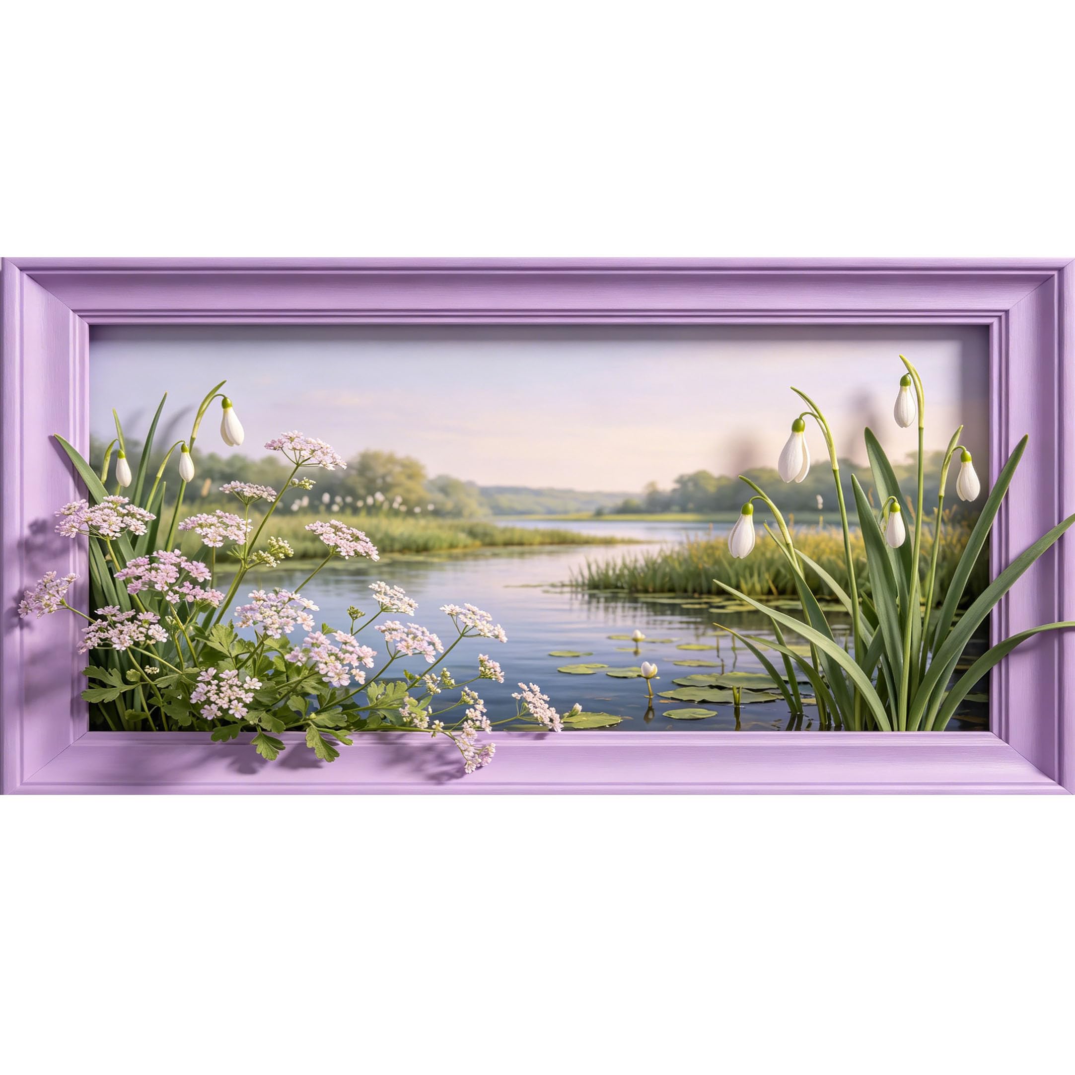 Agglomerix 3D Framed Wall Art Snowdrop Flower Lake Landscape Botanical Water Lily Modern Large Size SelfAdhesive Removable Wall Decor Prints Artwork for Living Room Bedroom Office