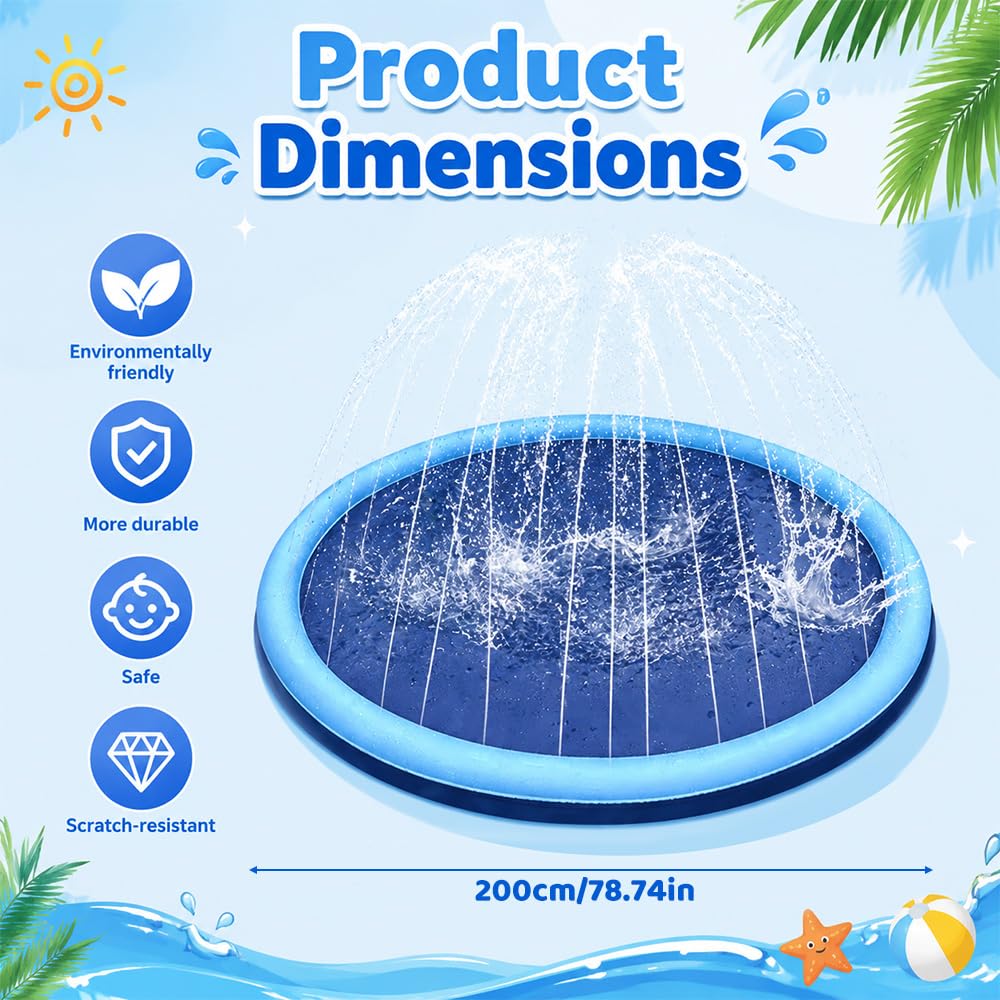 Splash Pad, 200CM Wassersprinkler Kinder Outdoor mit Antirutschfunktion, Sprinkler Play Matte, Gartenspielzeug Kind Sprinkler und Hundepool, Wasserspielzeug Outdoor für Kinder und Haustier (Rund)