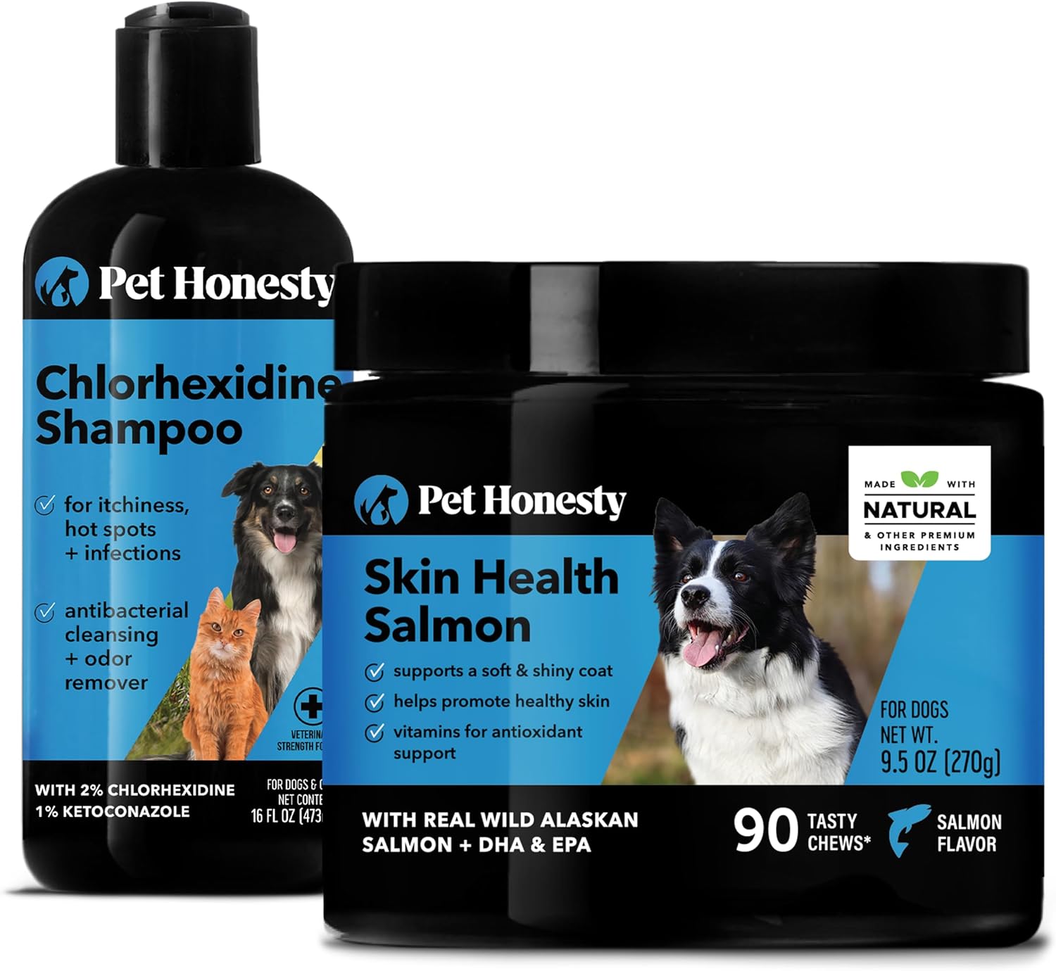 Chlorhexidine Shampoo + Skin Health Salmon Bundle - Itch Relief, Shiny Dog Coat, Dog Shampoo for Allergies, 100% Natural Fish Oil with Omega3s, Reduce Shedding, Healthy Skin & Coat