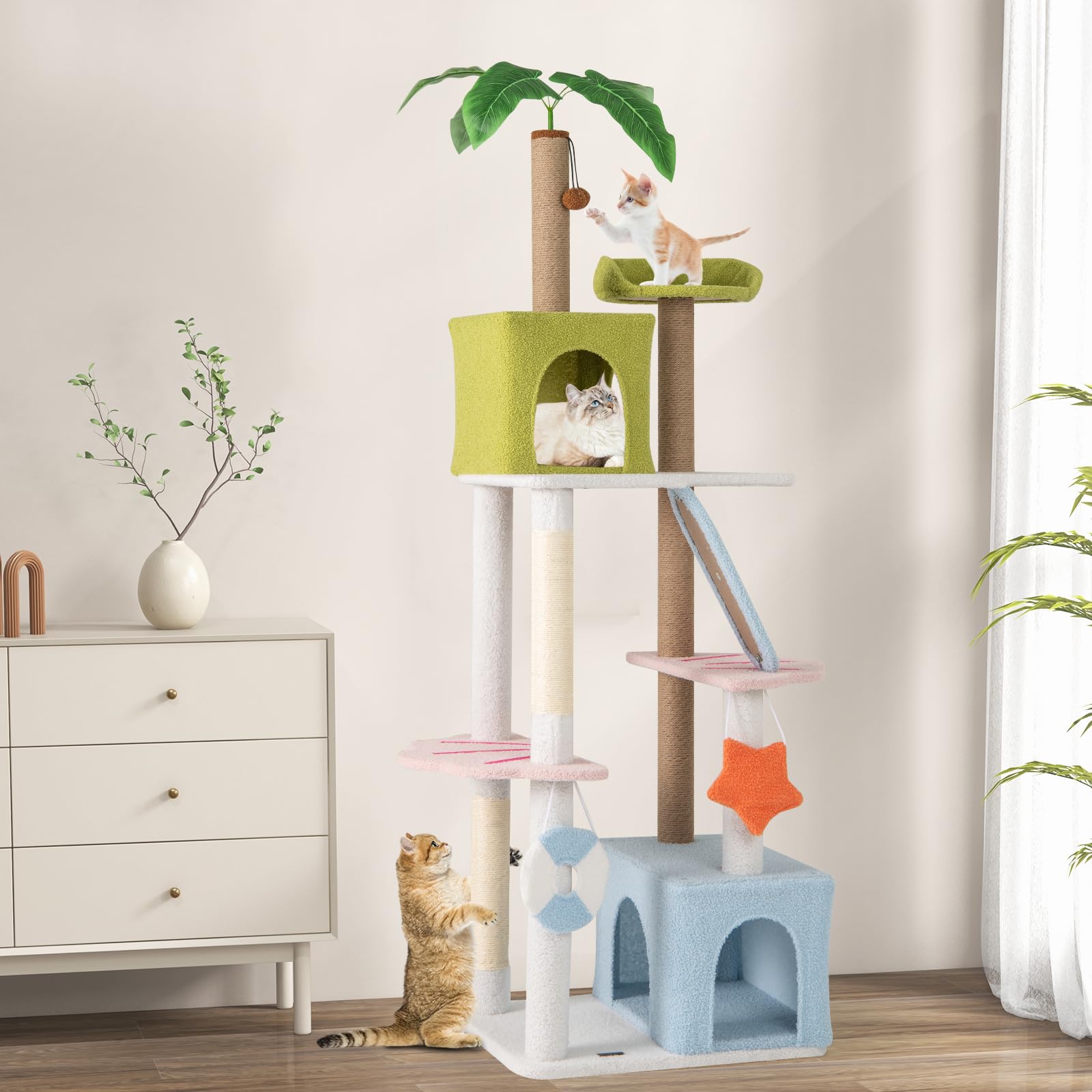 GYMAX Albero Tiragraffi per Gatti Alta180 CM, Torre Multilivello con 2 Condomini, Rampicante e Posti per Graffiare, Morbida, Decorazione a Tema Spiaggia, Centro Attività per Gattini e Gatti Adulti