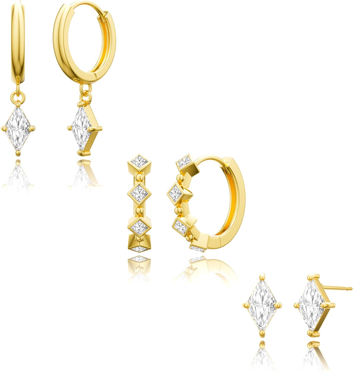 14K Gold Plated Hoop Earrings Set for Women, 3 Pairs Dainty Dangle Stud Cubic Zirconia Earrings Trendy Earrings Stack Non Tarnish 14K Gold Plated Jewelry for Women Christmas Gifts