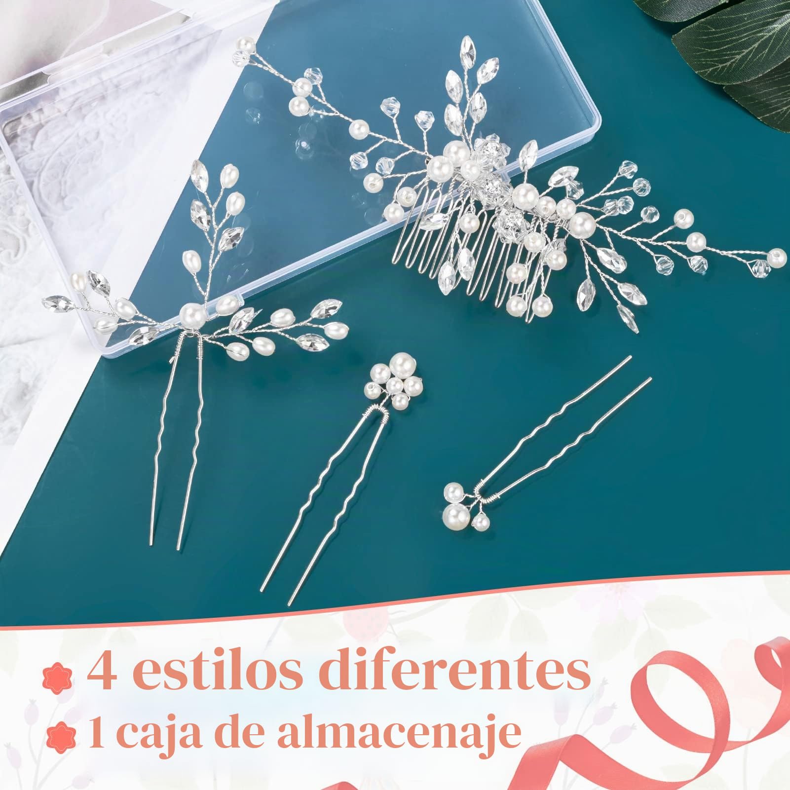 MELLIEX Peine para el Cabello de Novia, Horquillas Pelo Boda de Diamantes de Imitación y Perlas Artificiales Tocado de Novia, Plata