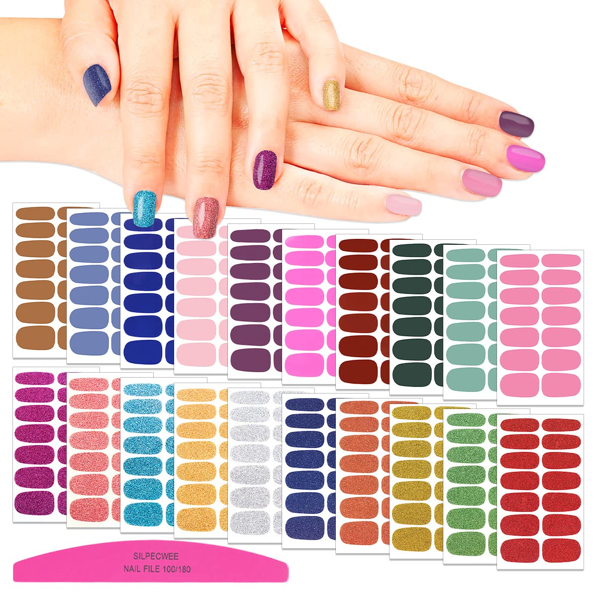 SILPECWEE 20 Sheets Glitter Solid Color Nail Polish Strips Full Nail Wraps Self Adhesive Nail Art Stickers Nail Stickers for Women Nail Art Accessories with 1pc Nail File
