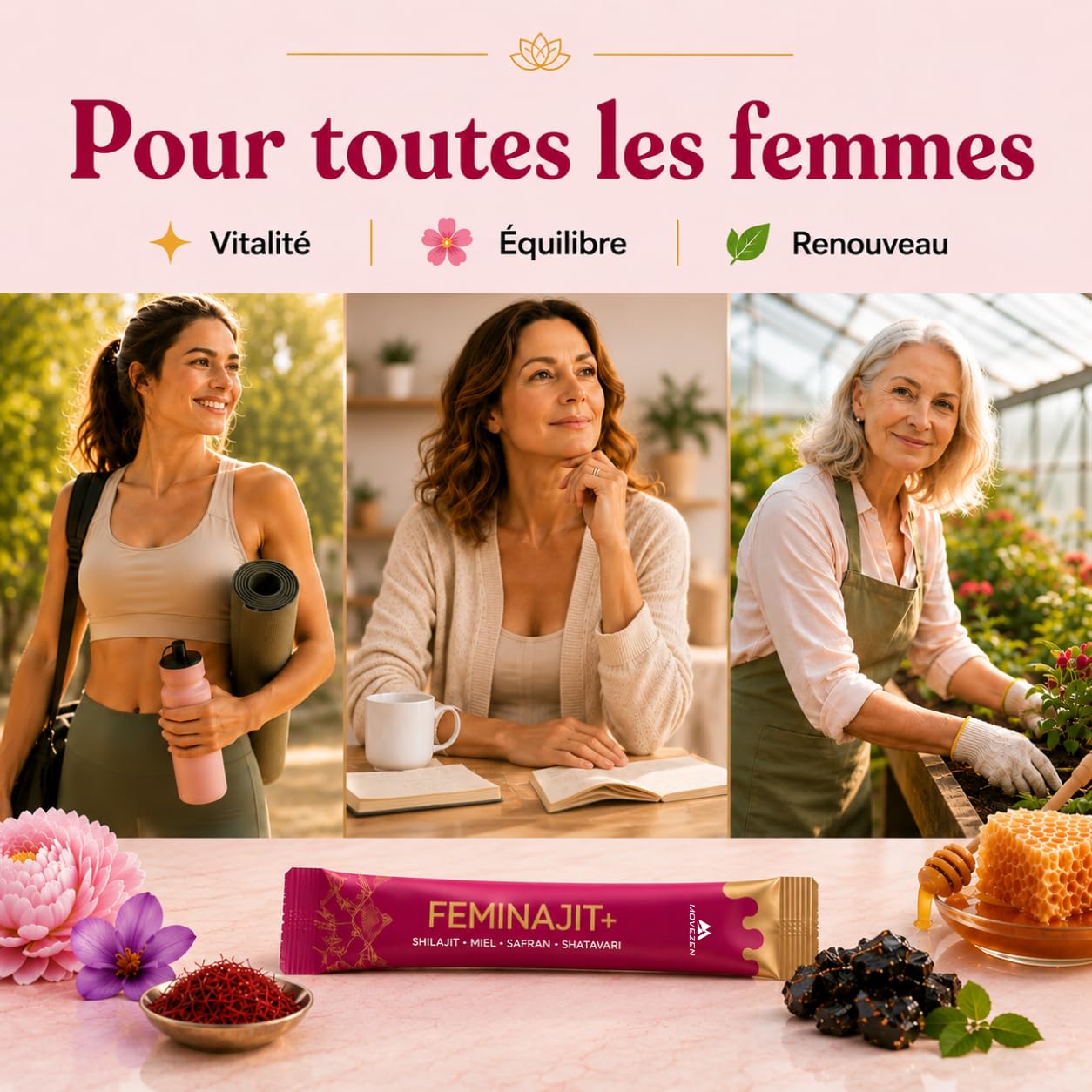 Feminajit+ Shilajit Femme en Stick Pré-dosé, Shilajit Pure Shatavari miel & Safran Movezen, Énergie Durable, Menopause, Vitalité, 30 Sticks Riche en Acide Fulvique, 85+ Minéraux Saveur Fraise