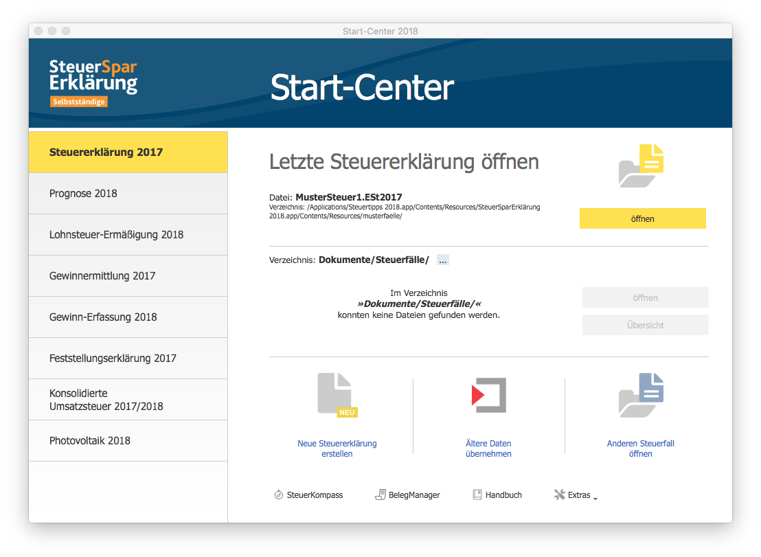 SteuerSparErklärung 2018 für Selbstständige - Mac-Version (für Steuerjahr 2017) [Download]