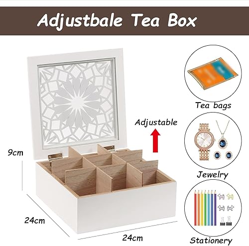 Miniatura 5 de handrong Caja de té organizadora de bolsitas de té, soporte de madera para bolsitas de té, baúl de té moderno con 9 compartimentos y cubierta