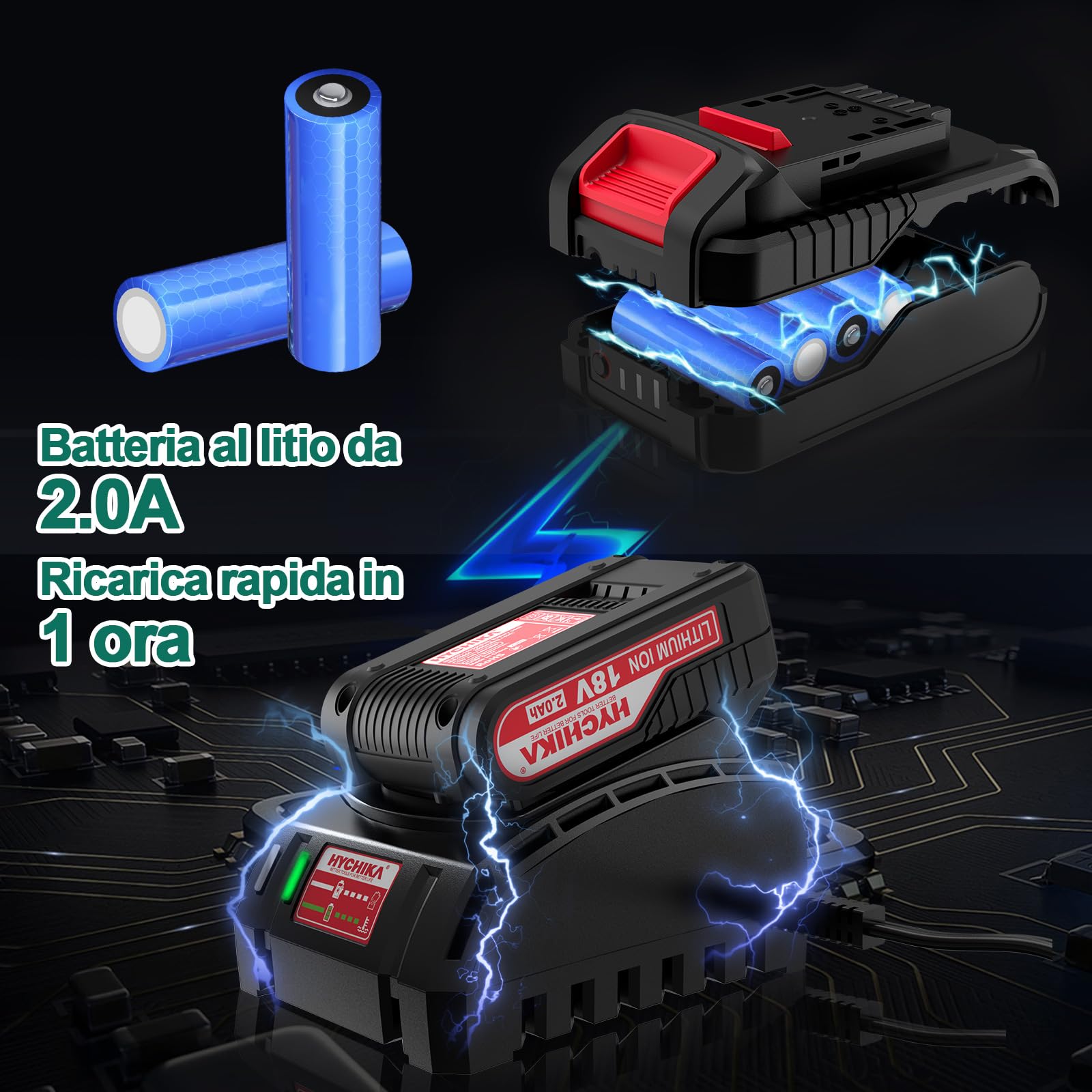 HYCHIKA Trapano Avvitatore Batteria 18V, Trapano a percussione 45 Nm, Batteria 2,0 Ah, 27 accessori, Ricarica rapida 1 ora, Coppia 21+3, 2 velocità, con illuminazione LED, per riparazioni domestiche